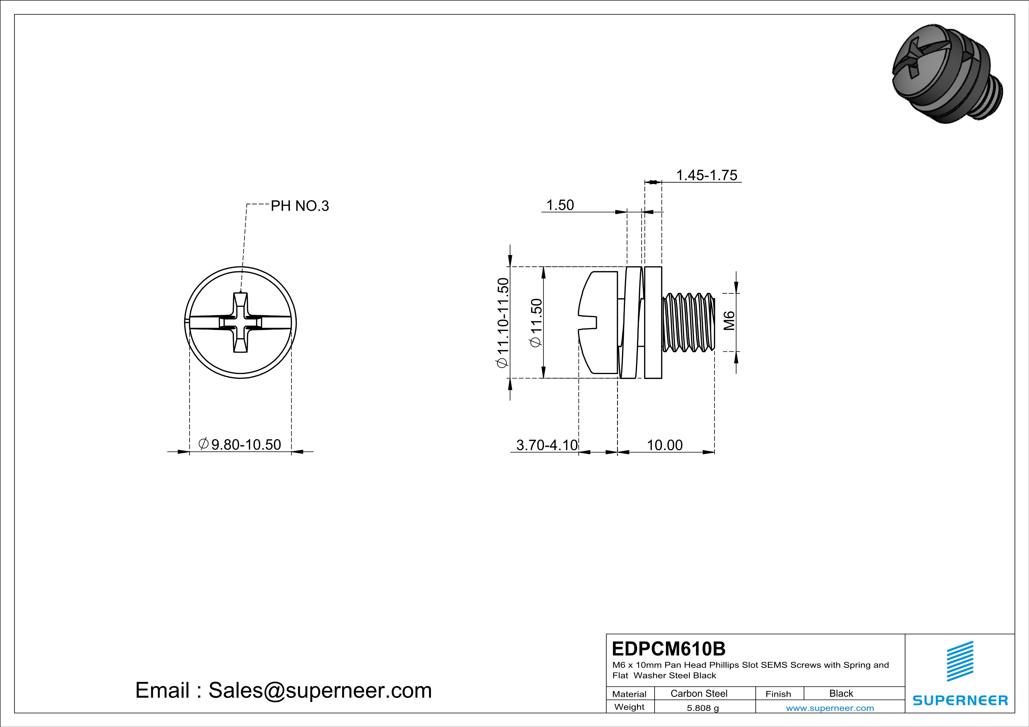 M6 x 10mm Pan Head Phillips Slot SEMS Screws with Spring and Flat Washer Steel Black