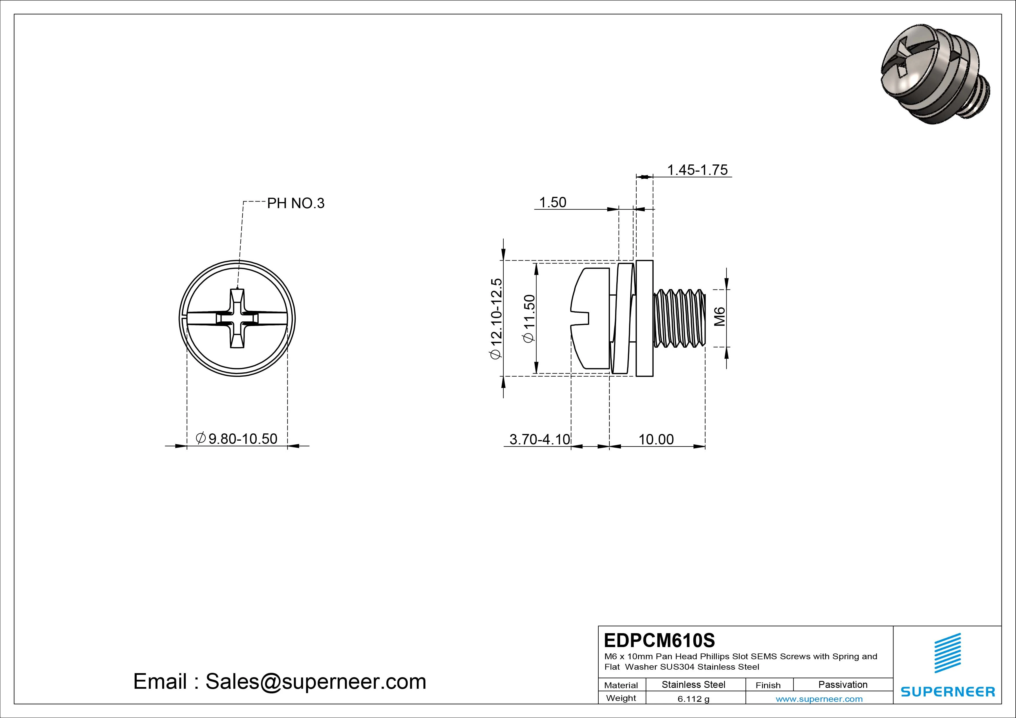 M6 x 10mm Pan Head Phillips Slot SEMS Screws with Spring and Flat Washer SUS304 Stainless Steel Inox