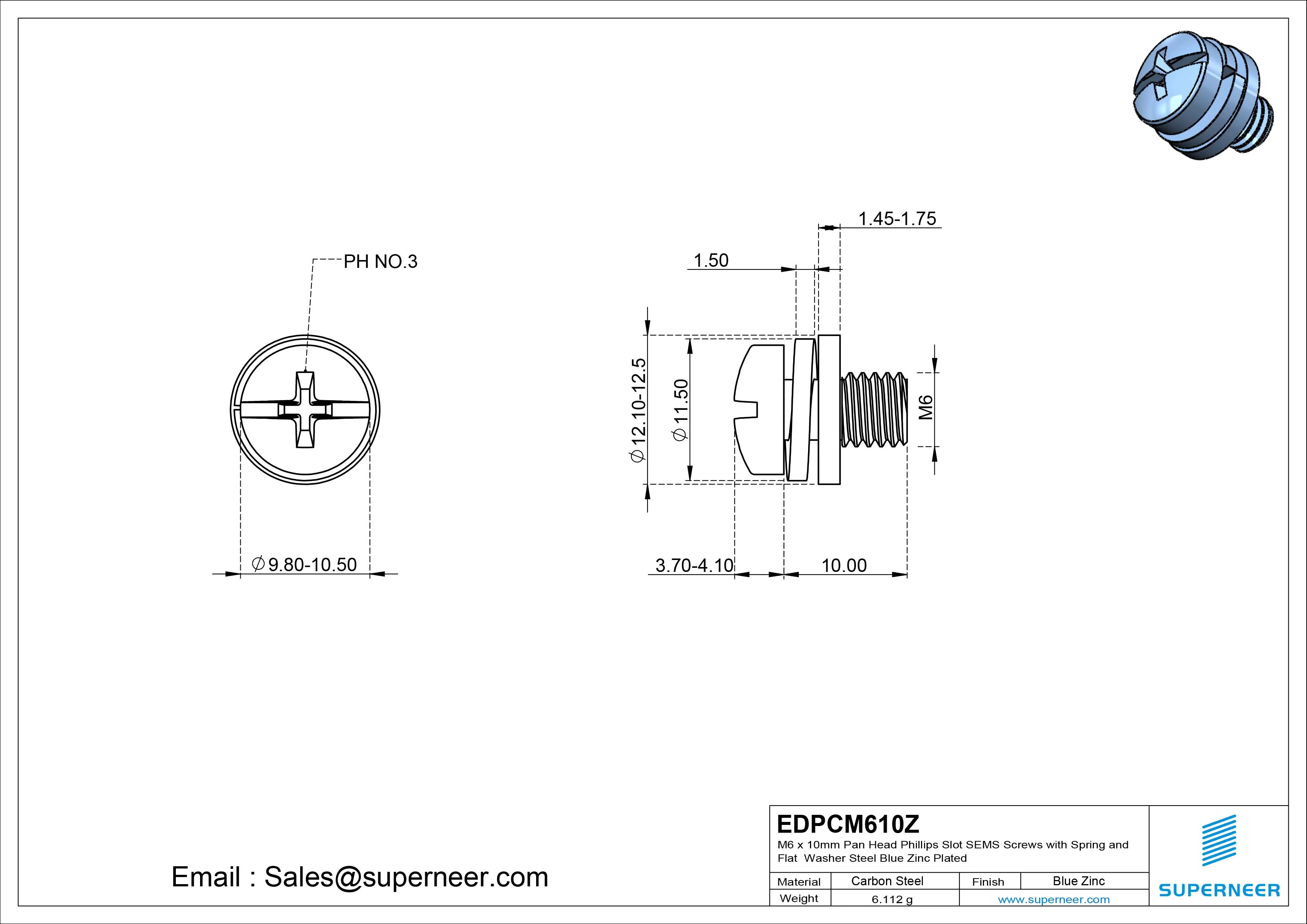 M6 x 10mm Pan Head Phillips Slot SEMS Screws with Spring and Flat Washer Steel Blue Zinc Plated