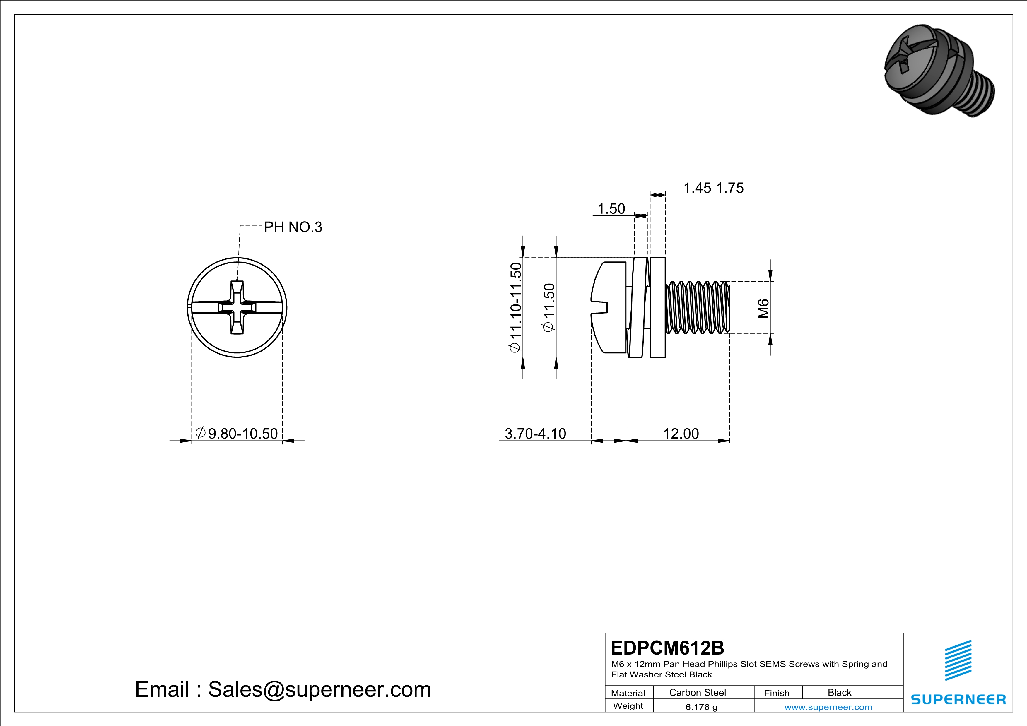 M6 x 12mm Pan Head Phillips Slot SEMS Screws with Spring and Flat Washer Steel Black