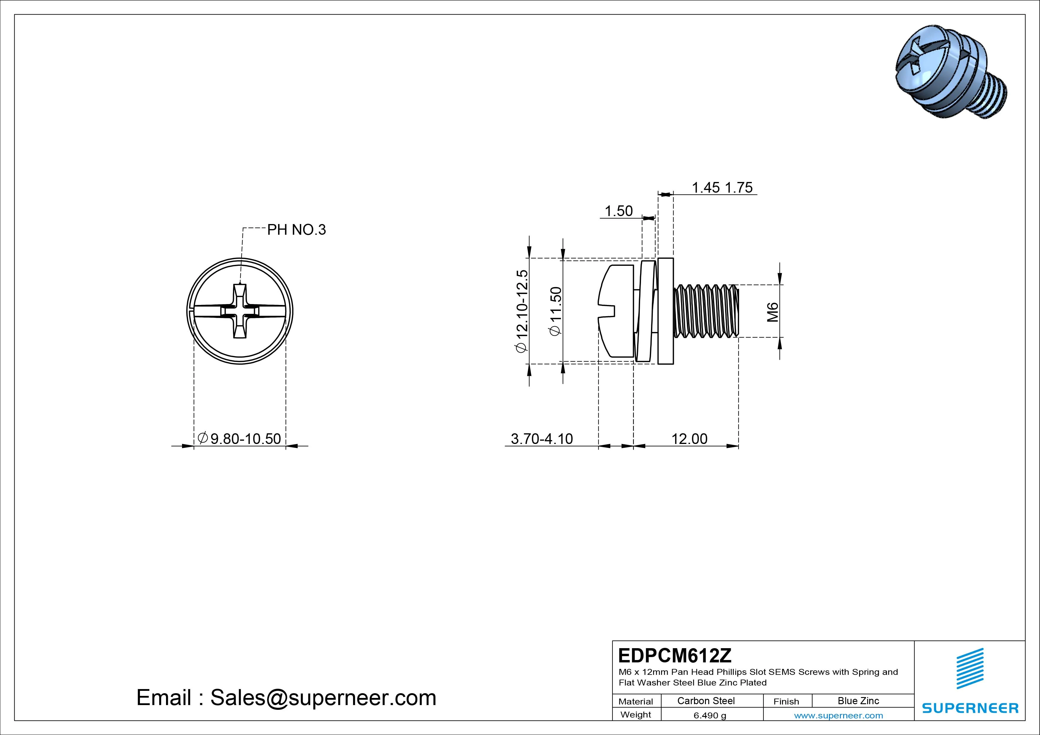 M6 x 12mm Pan Head Phillips Slot SEMS Screws with Spring and Flat Washer Steel Blue Zinc Plated