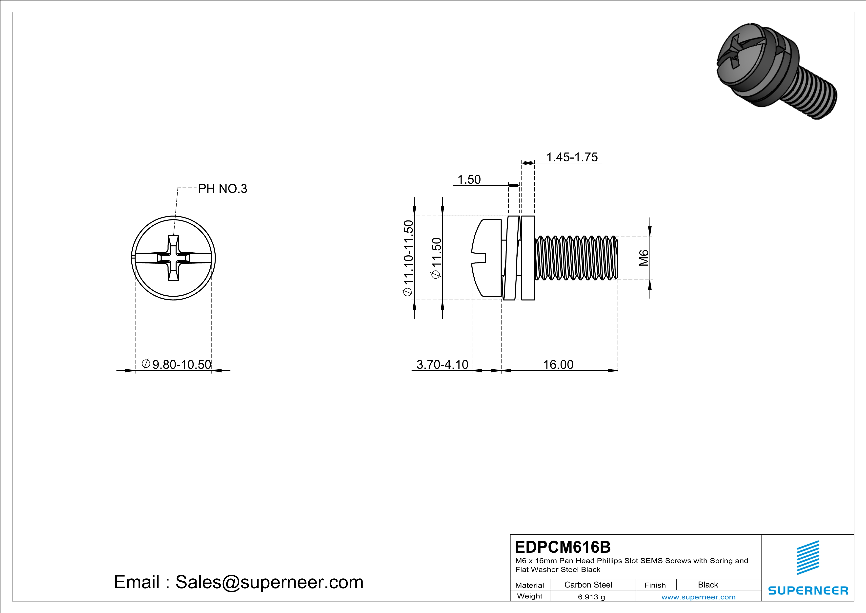 M6 x 16mm Pan Head Phillips Slot SEMS Screws with Spring and Flat Washer Steel Black