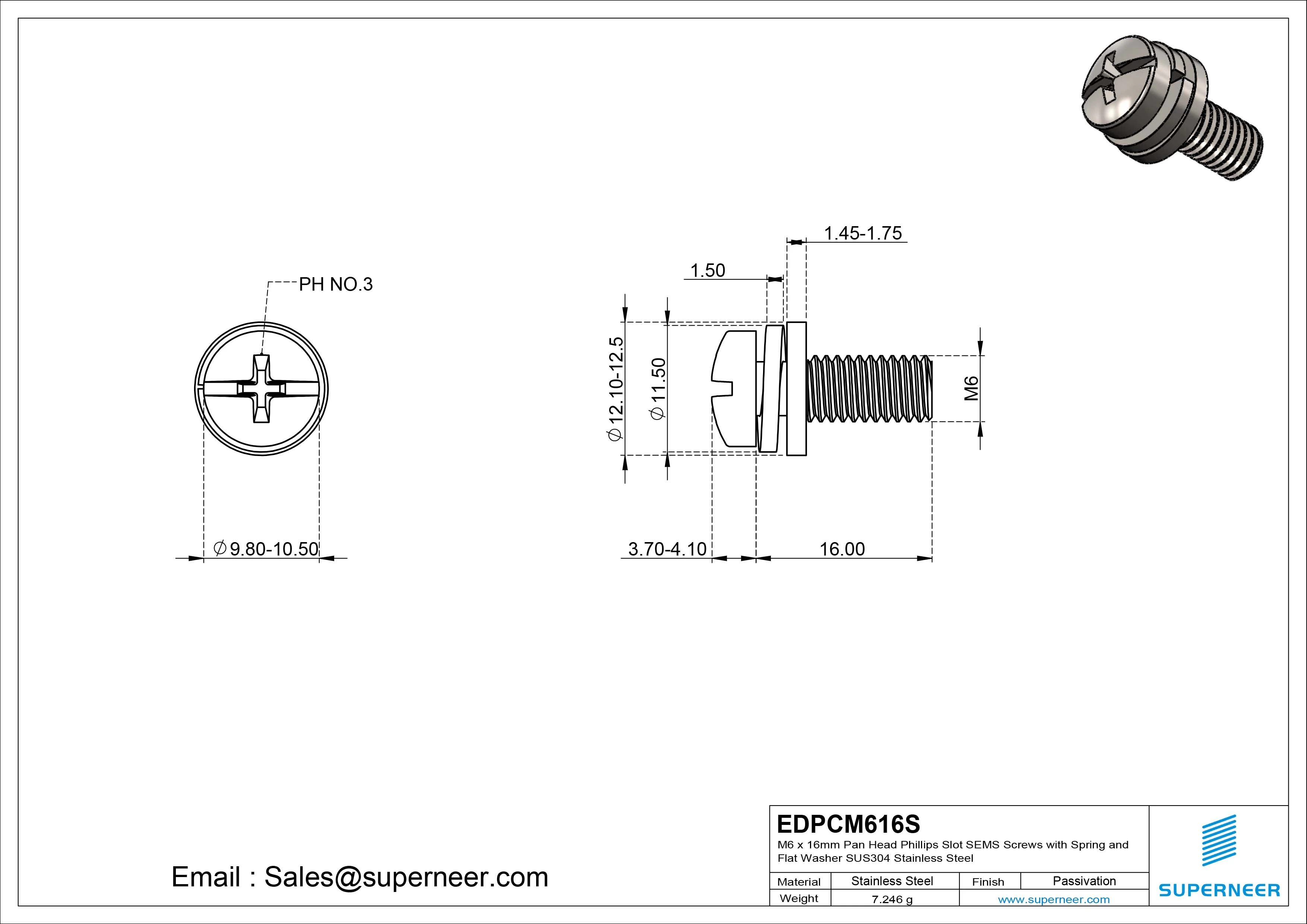 M6 x 16mm Pan Head Phillips Slot SEMS Screws with Spring and Flat Washer SUS304 Stainless Steel Inox