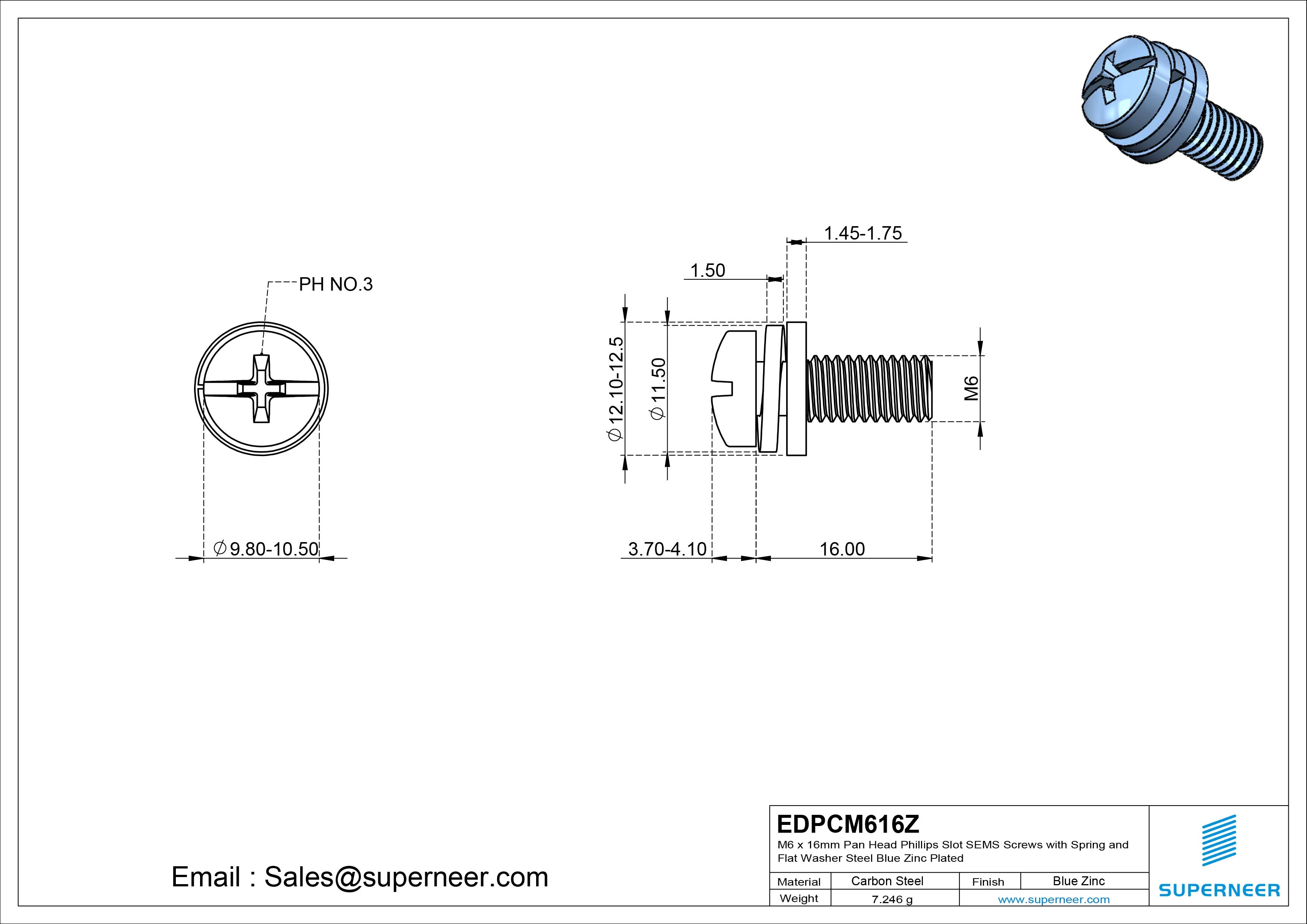 M6 x 16mm Pan Head Phillips Slot SEMS Screws with Spring and Flat Washer Steel Blue Zinc Plated