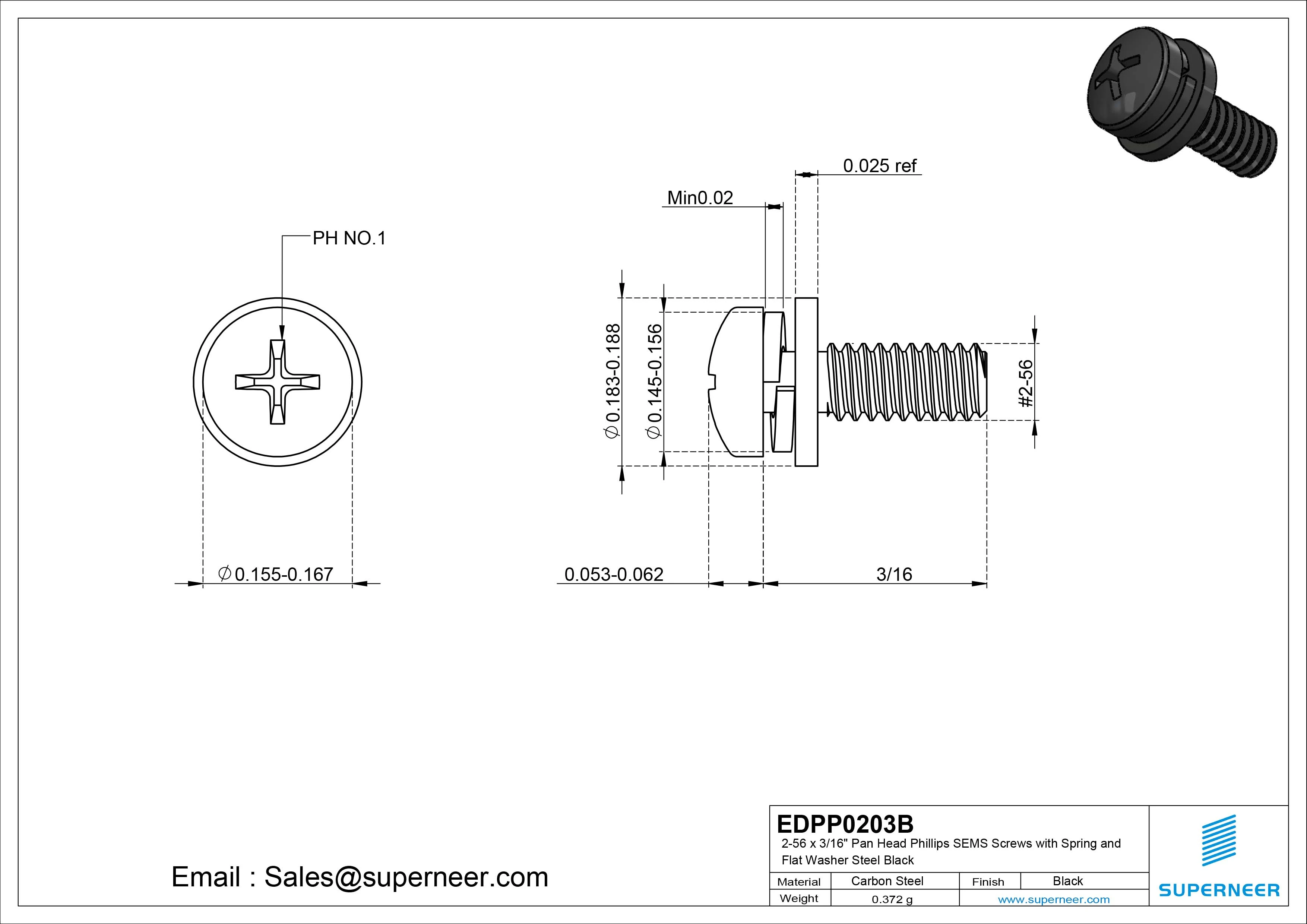 2-56 x 3/16" Pan Head Phillips SEMS Screws with Spring and Flat Washer Steel Black