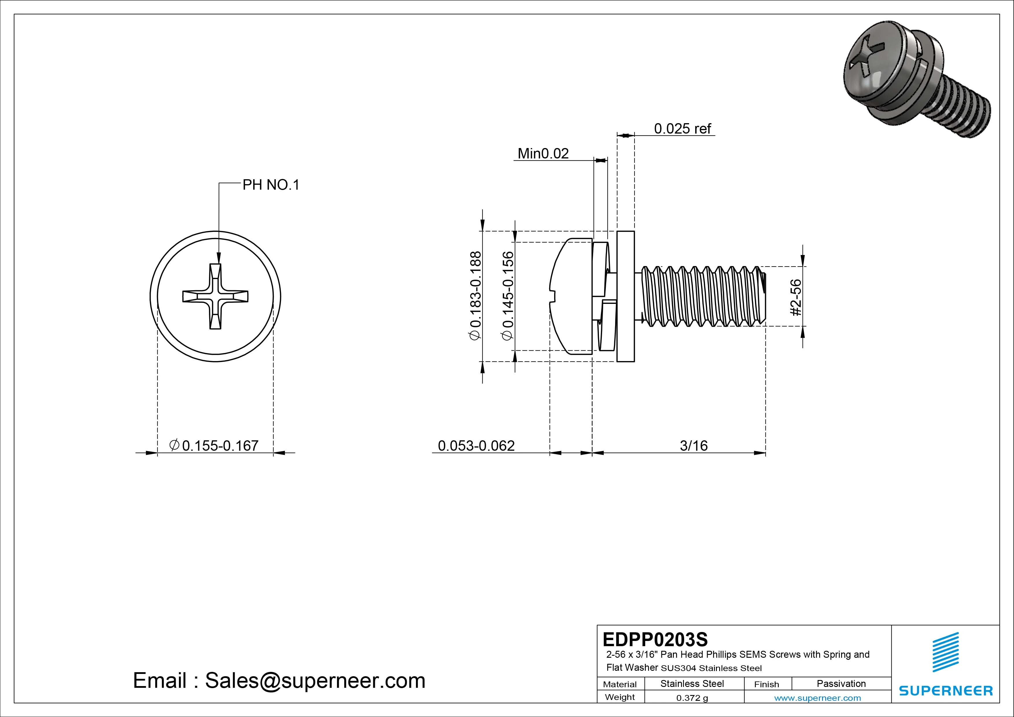 2-56 x 3/16" Pan Head Phillips SEMS Screws with Spring and Flat Washer SUS304 Stainless Steel Inox