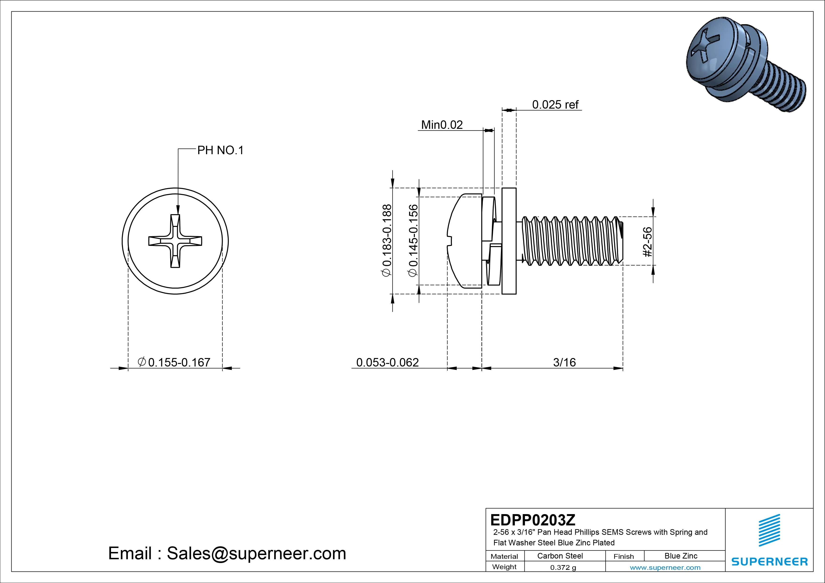 2-56 x 3/16" Pan Head Phillips SEMS Screws with Spring and Flat Washer Steel Blue Zinc Plated