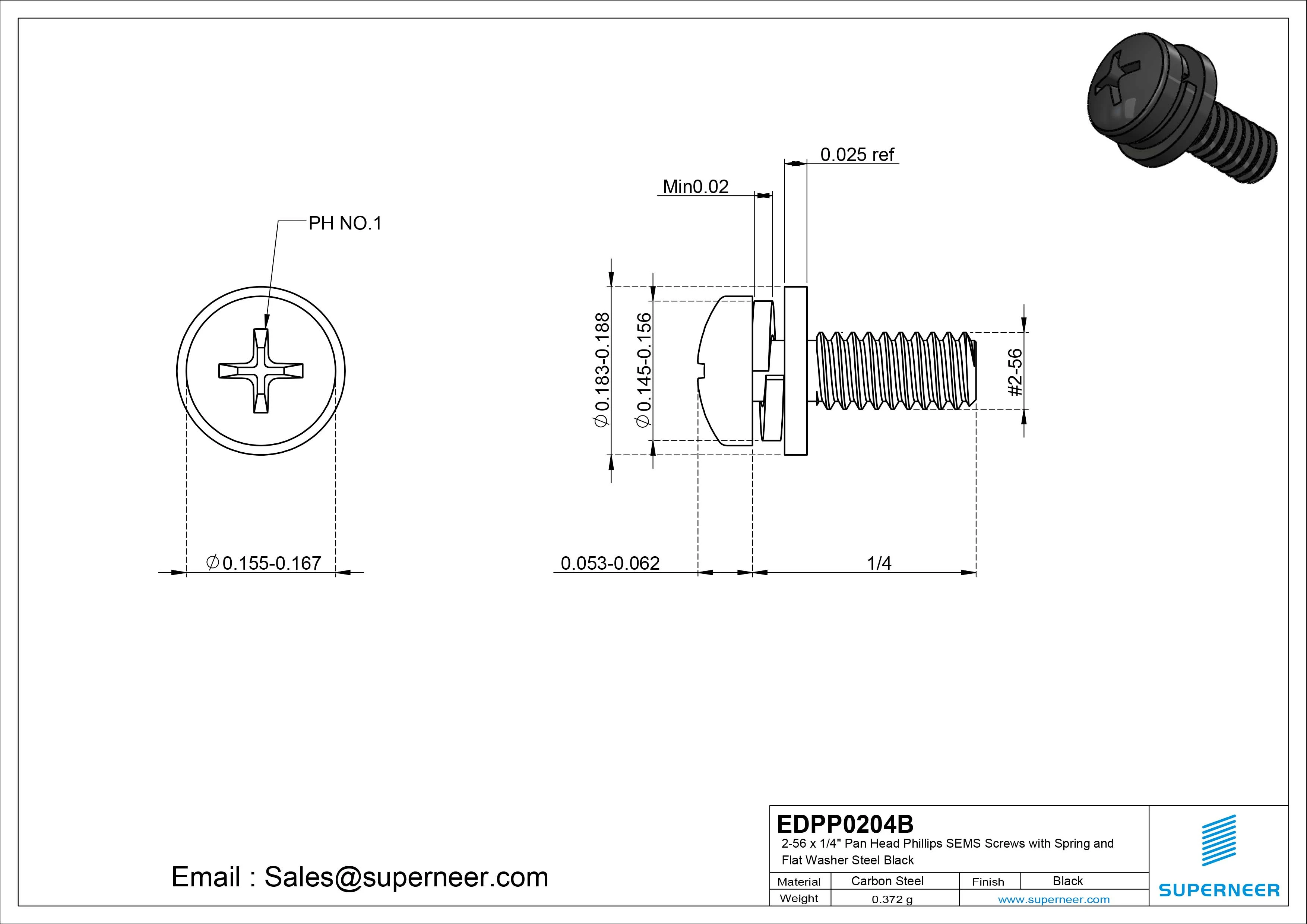 2-56 x 1/4" Pan Head Phillips SEMS Screws with Spring and Flat Washer Steel Black