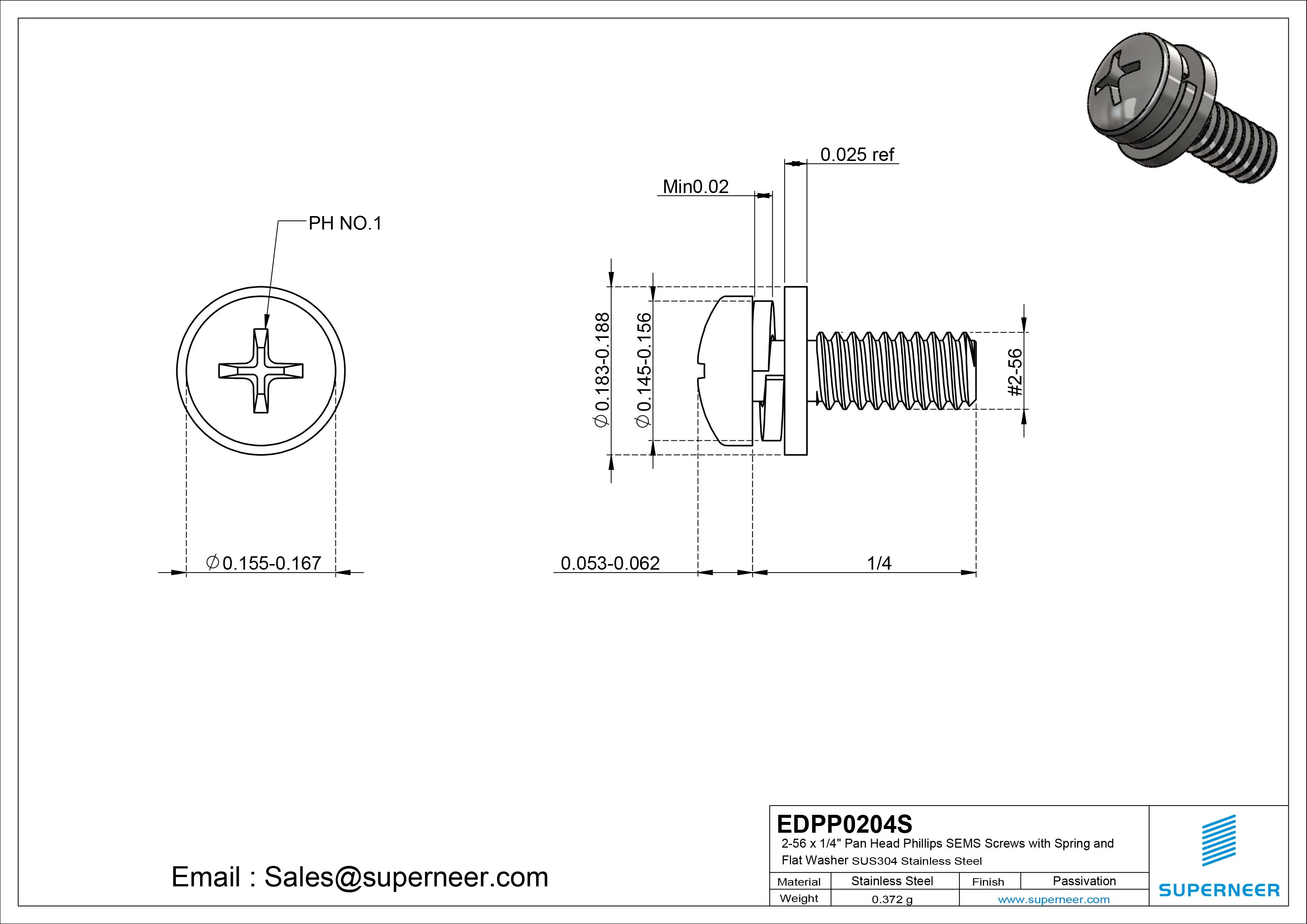2-56 x 1/4" Pan Head Phillips SEMS Screws with Spring and Flat Washer SUS304 Stainless Steel Inox