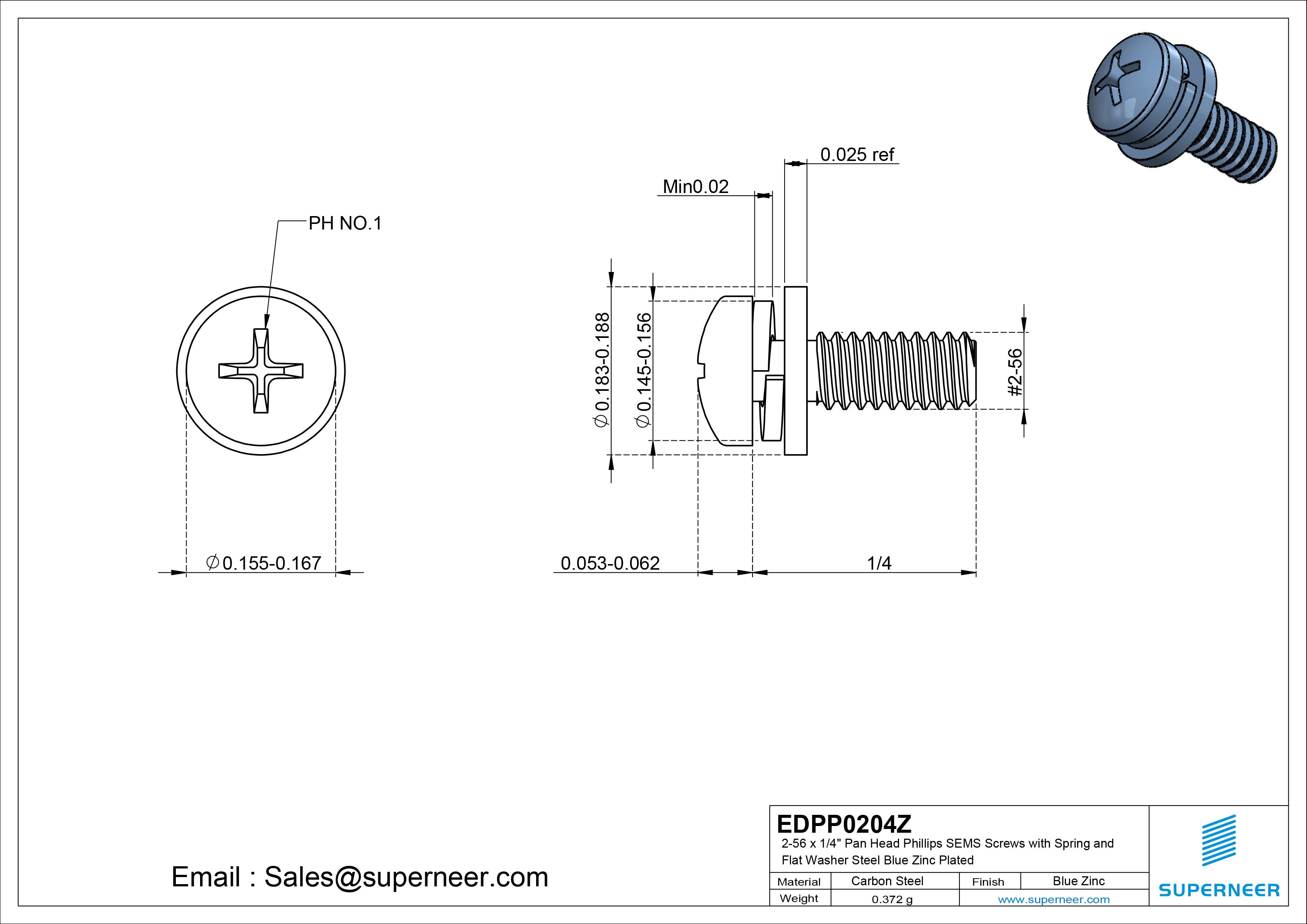 2-56 x 1/4" Pan Head Phillips SEMS Screws with Spring and Flat Washer Steel Blue Zinc Plated