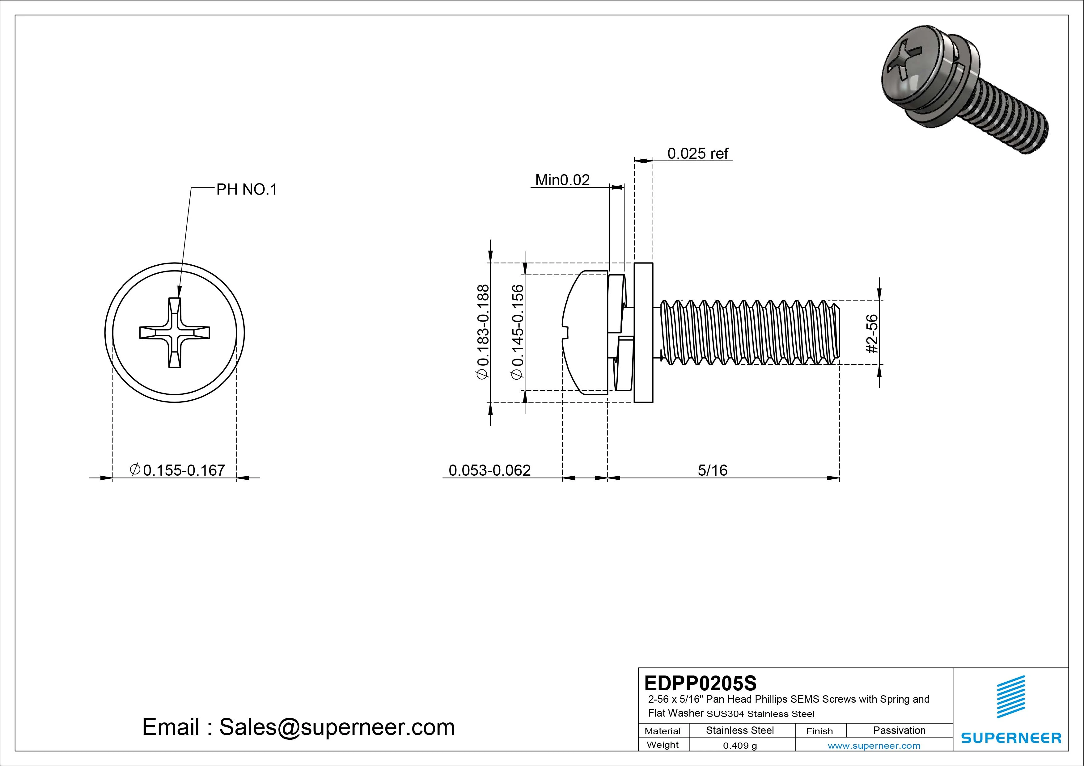 2-56 x 5/16" Pan Head Phillips SEMS Screws with Spring and Flat Washer SUS304 Stainless Steel Inox