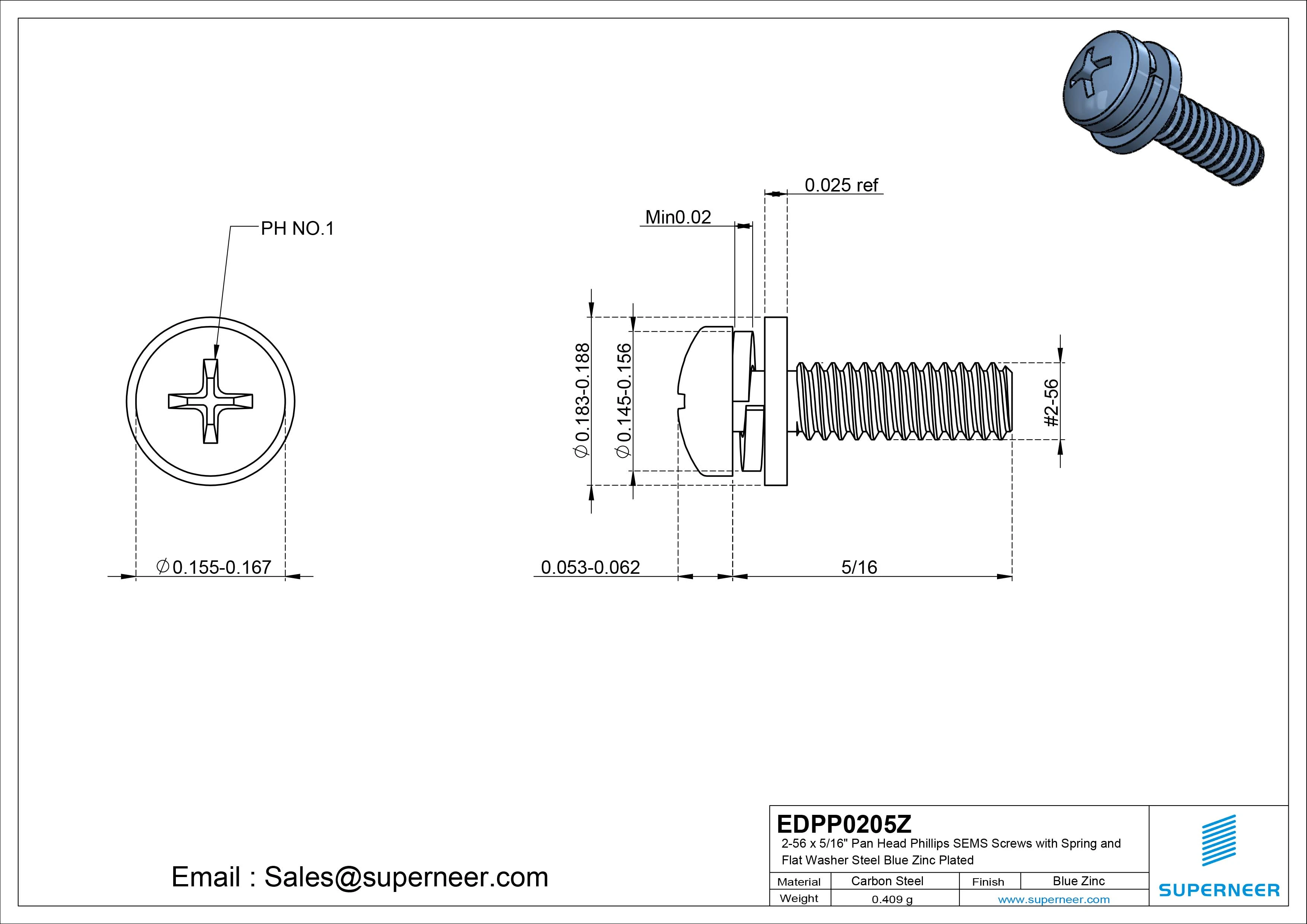 2-56 x 5/16" Pan Head Phillips SEMS Screws with Spring and Flat Washer Steel Blue Zinc Plated