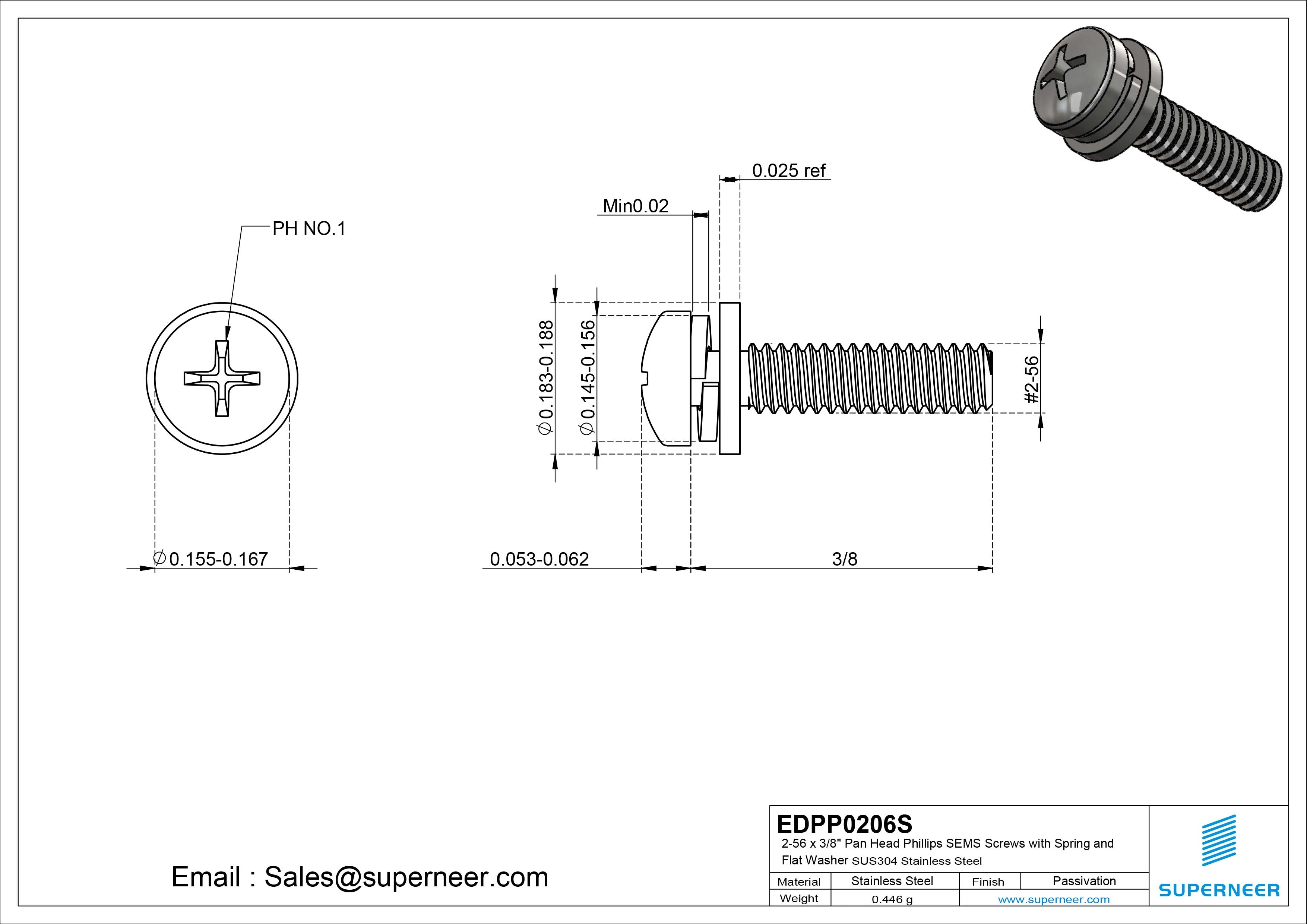 2-56 x 3/8" Pan Head Phillips SEMS Screws with Spring and Flat Washer SUS304 Stainless Steel Inox