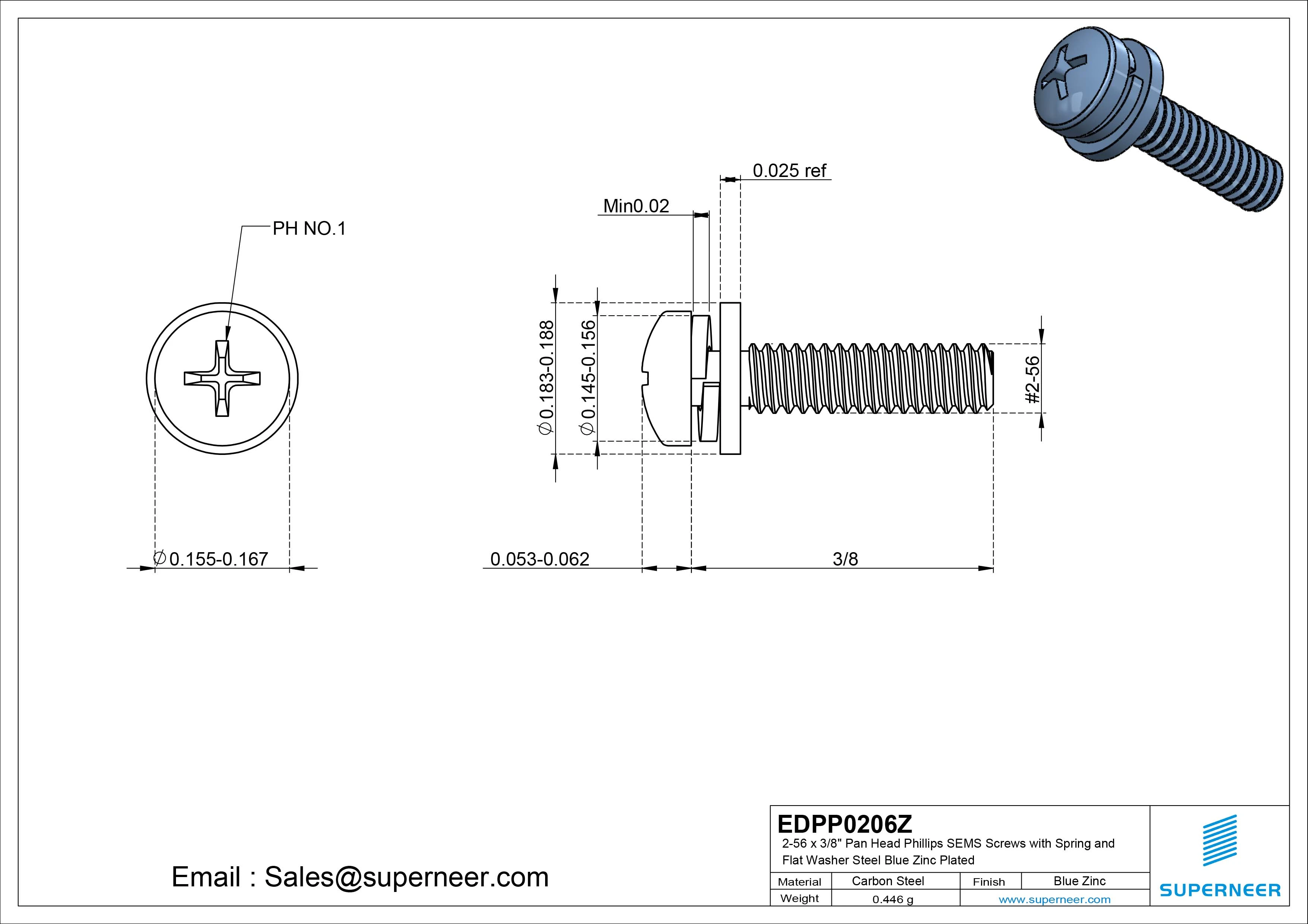 2-56 x 3/8" Pan Head Phillips SEMS Screws with Spring and Flat Washer Steel Blue Zinc Plated