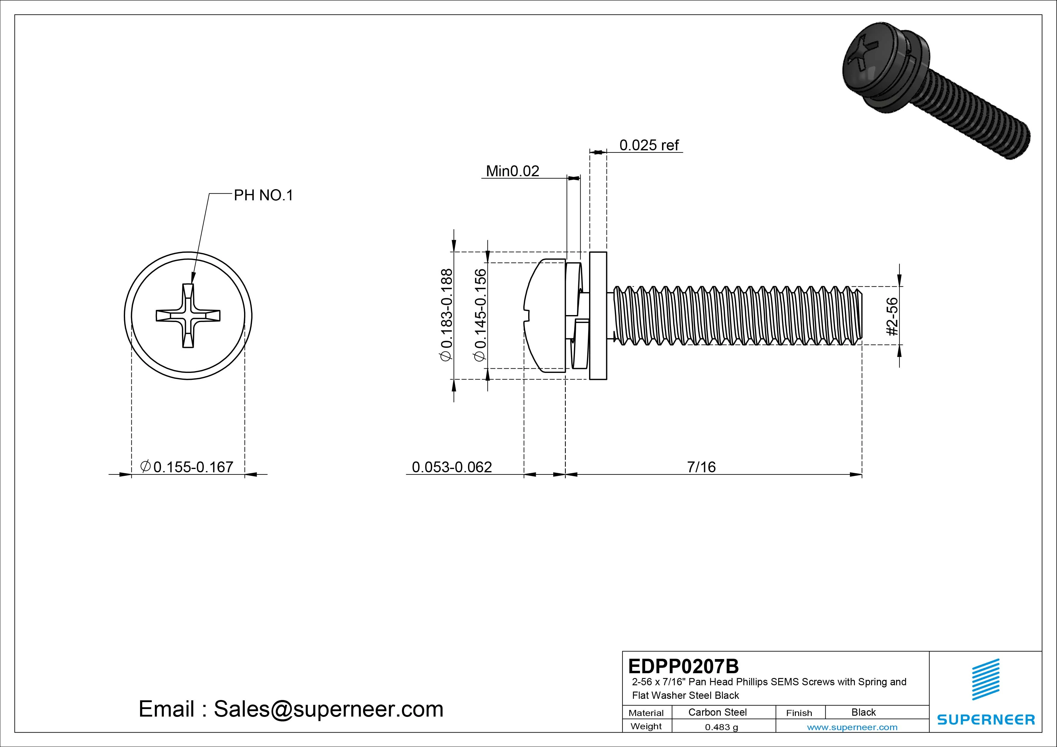 2-56 x 7/16" Pan Head Phillips SEMS Screws with Spring and Flat Washer Steel Black