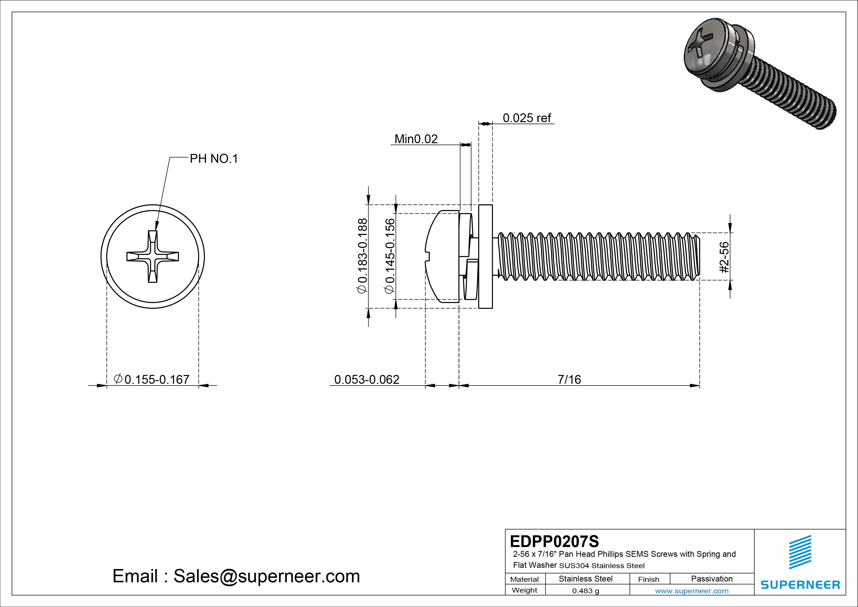 2-56 x 7/16" Pan Head Phillips SEMS Screws with Spring and Flat Washer SUS304 Stainless Steel Inox