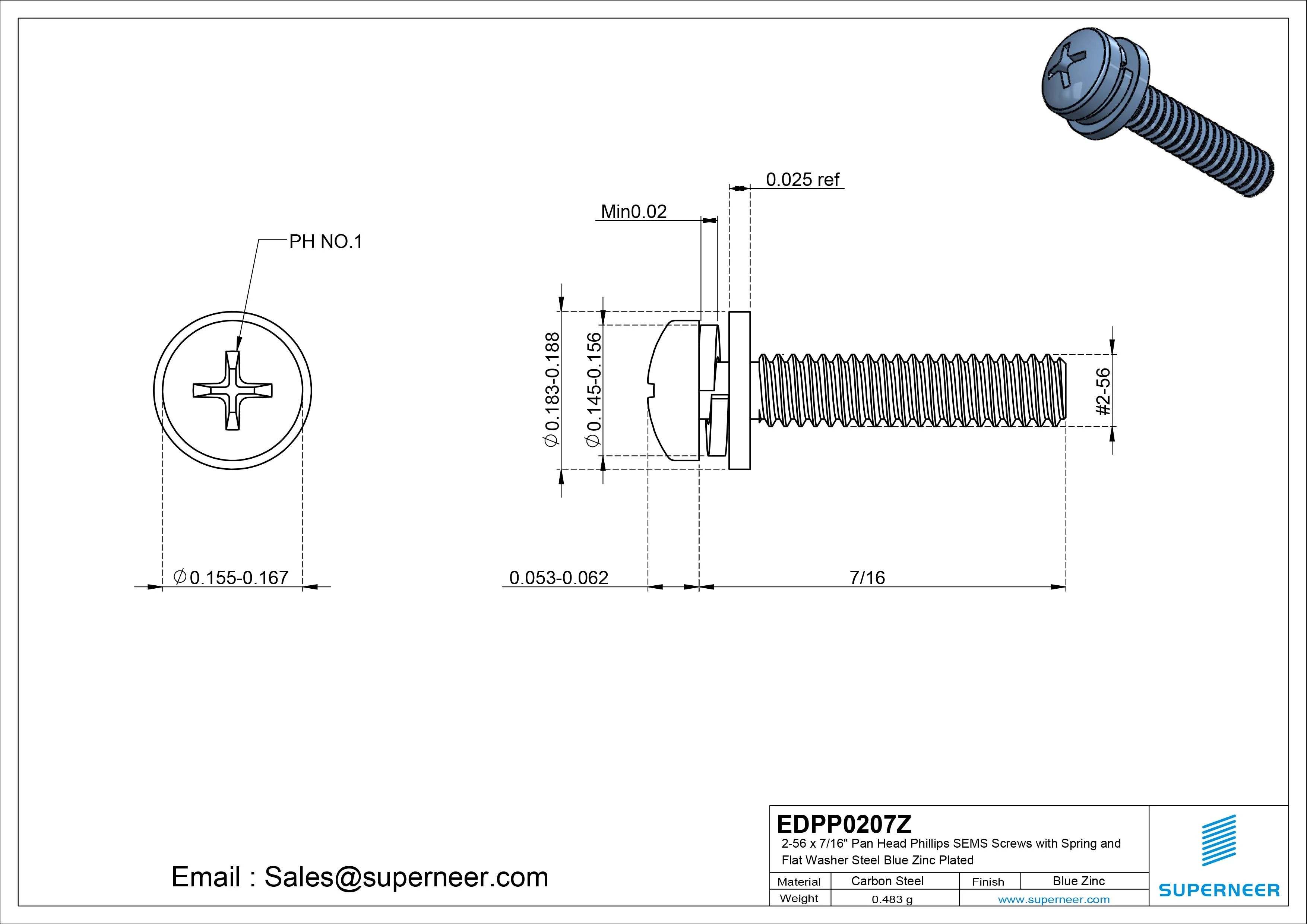 2-56 x 7/16" Pan Head Phillips SEMS Screws with Spring and Flat Washer Steel Blue Zinc Plated