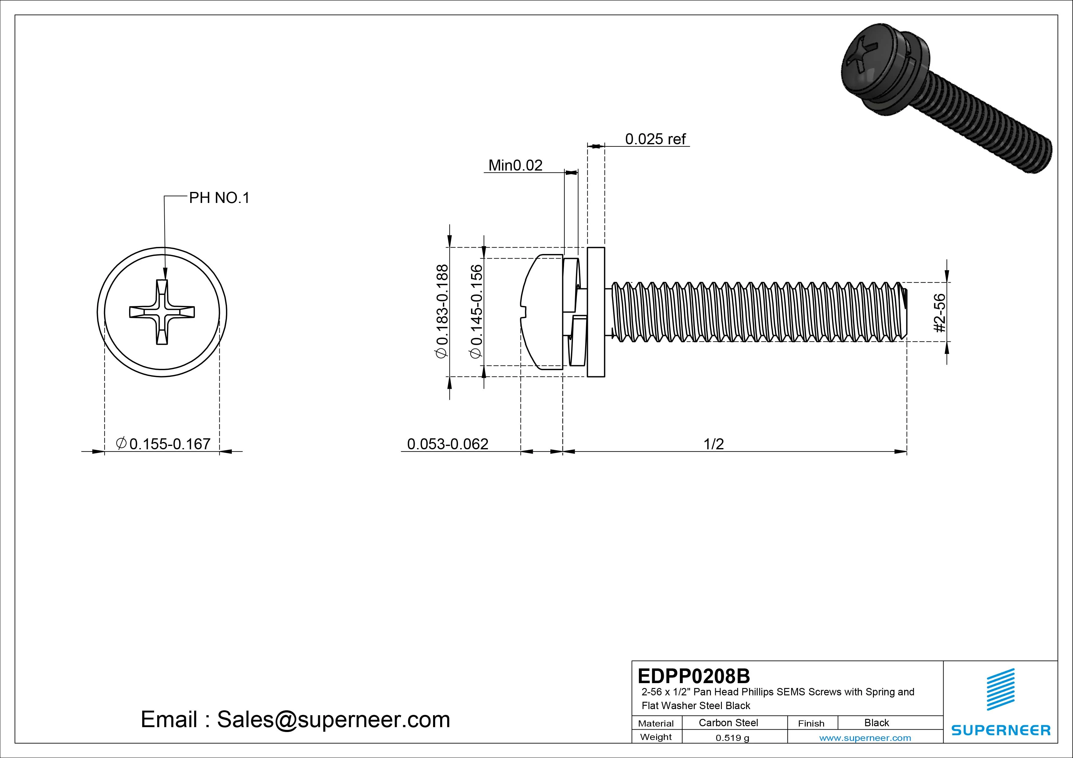 2-56 x 1/2" Pan Head Phillips SEMS Screws with Spring and Flat Washer Steel Black