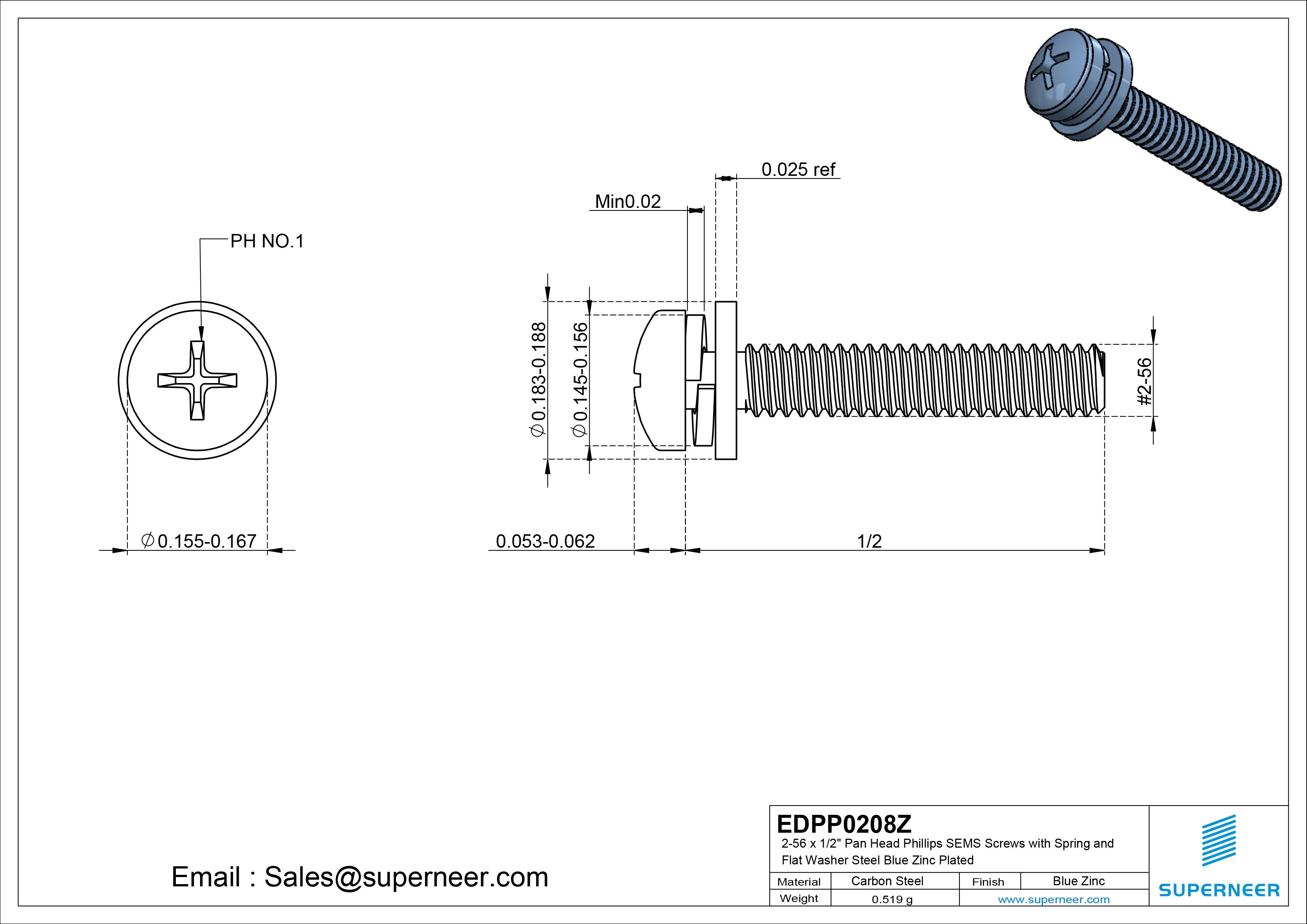 2-56 x 1/2" Pan Head Phillips SEMS Screws with Spring and Flat Washer Steel Blue Zinc Plated