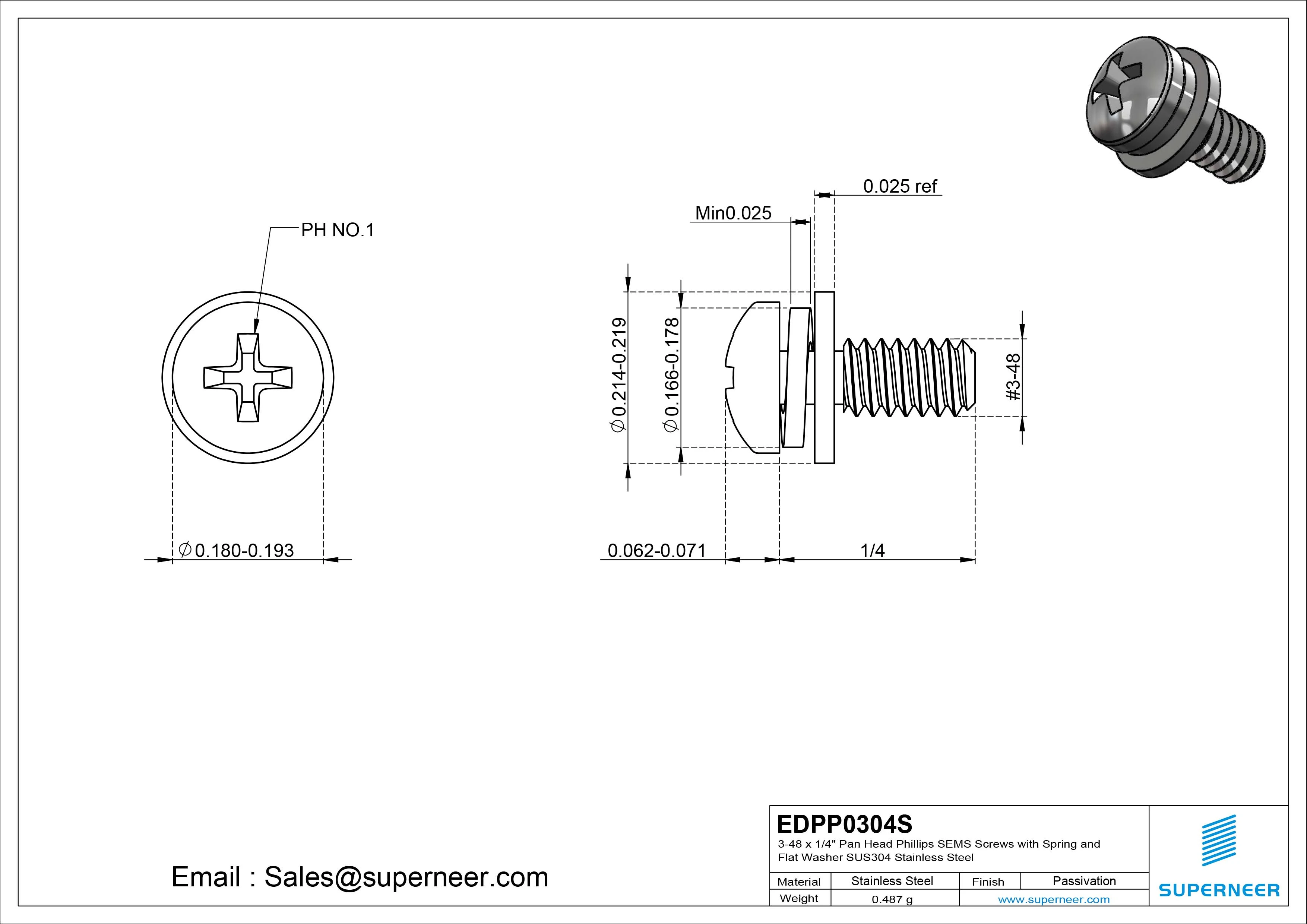3-48 x 1/4" Pan Head Phillips SEMS Screws with Spring and Flat Washer SUS304 Stainless Steel Inox