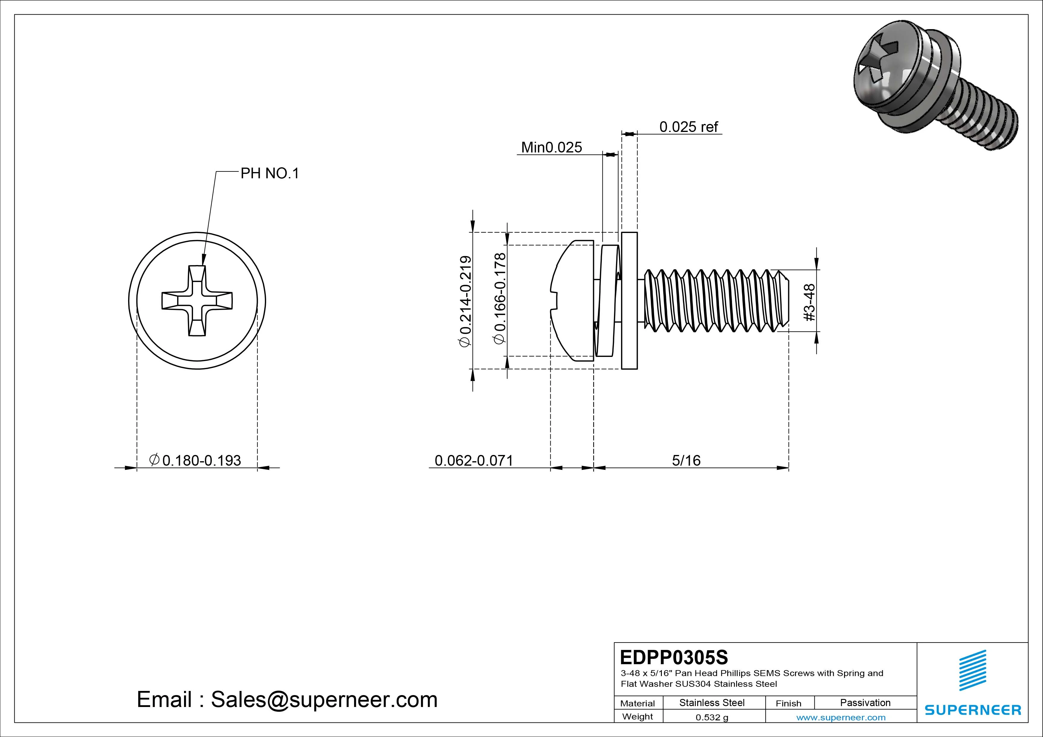 3-48 x 5/16" Pan Head Phillips SEMS Screws with Spring and Flat Washer SUS304 Stainless Steel Inox