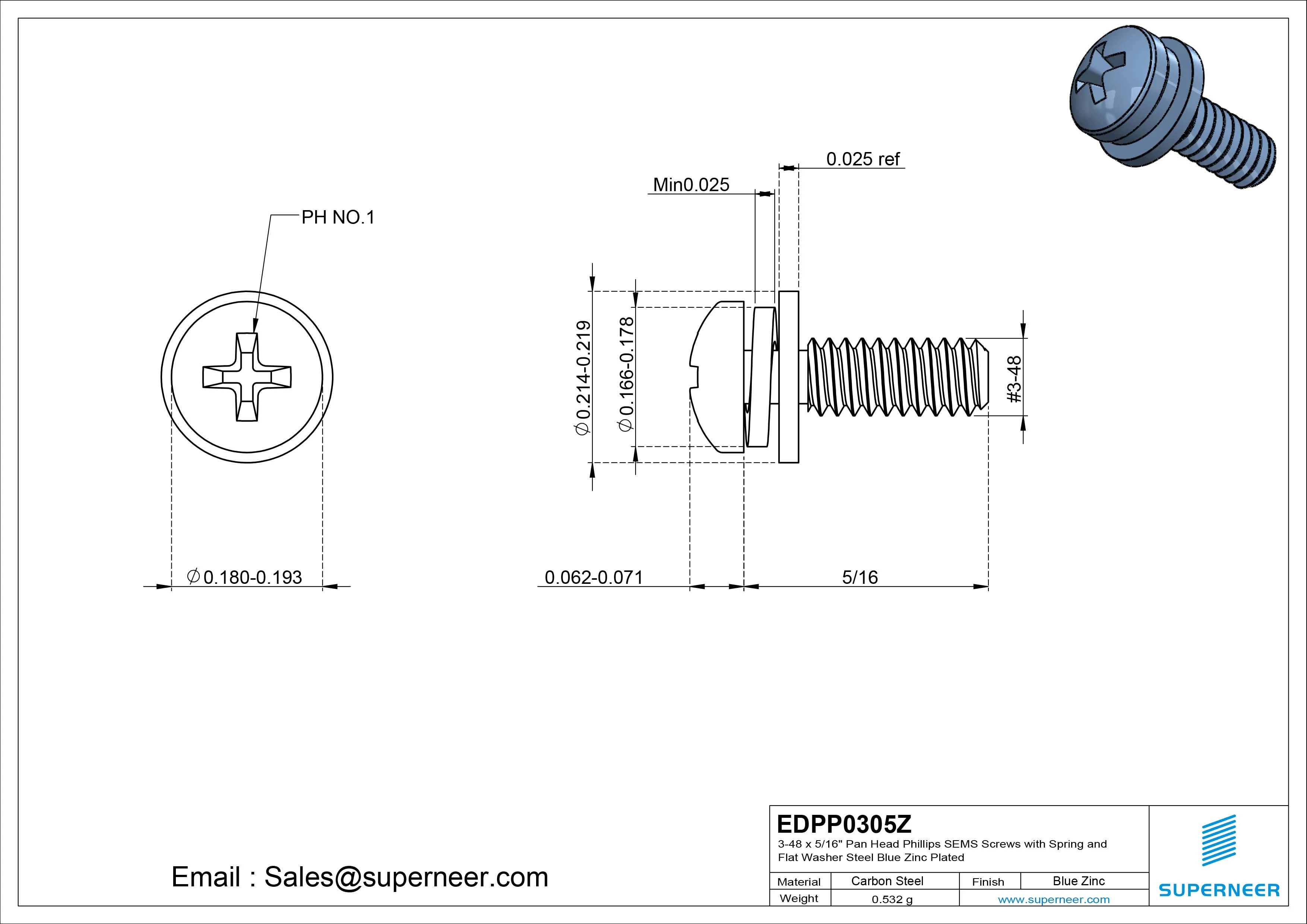 3-48 x 5/16" Pan Head Phillips SEMS Screws with Spring and Flat Washer Steel Blue Zinc Plated