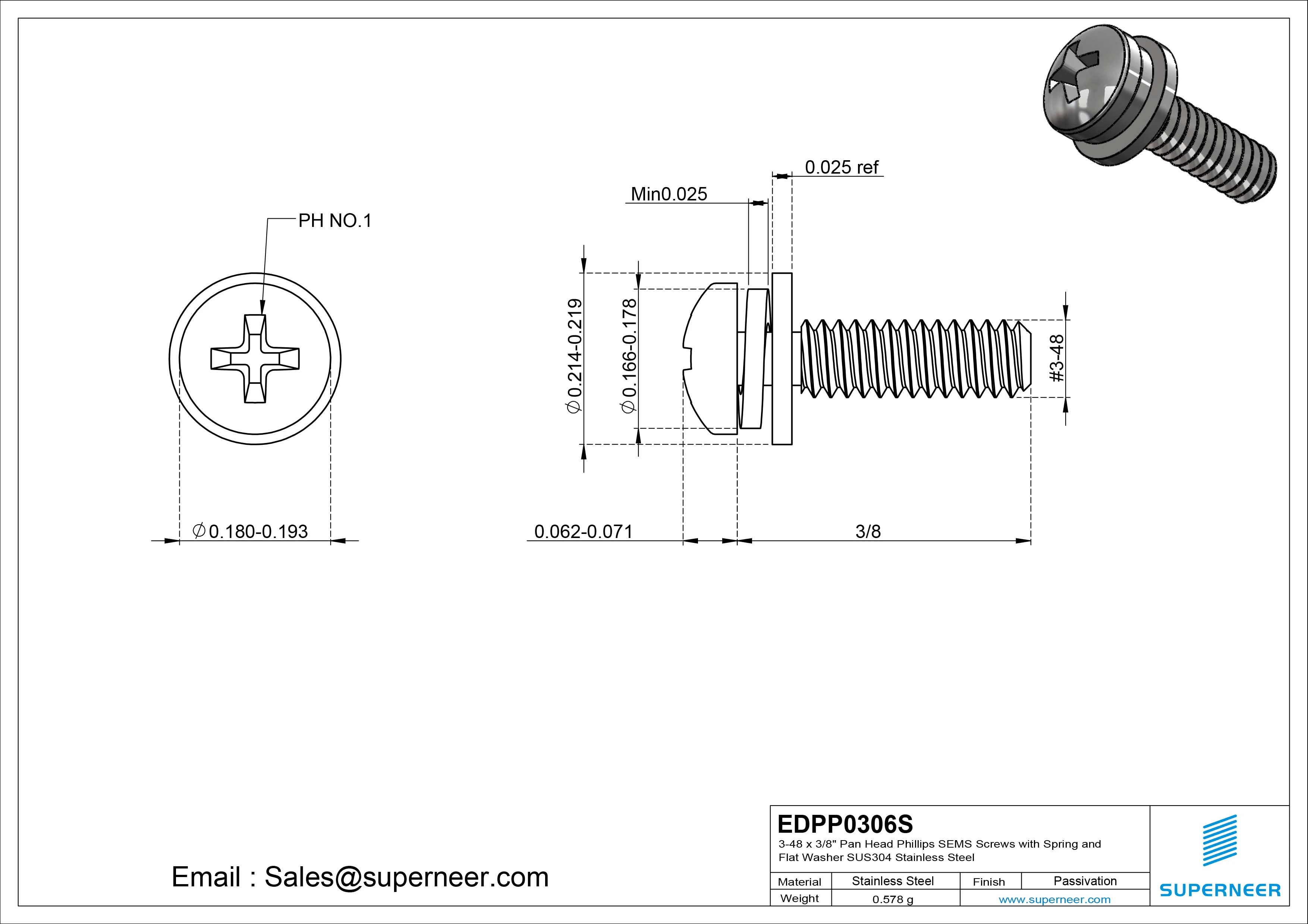 3-48 x 3/8" Pan Head Phillips SEMS Screws with Spring and Flat Washer SUS304 Stainless Steel Inox