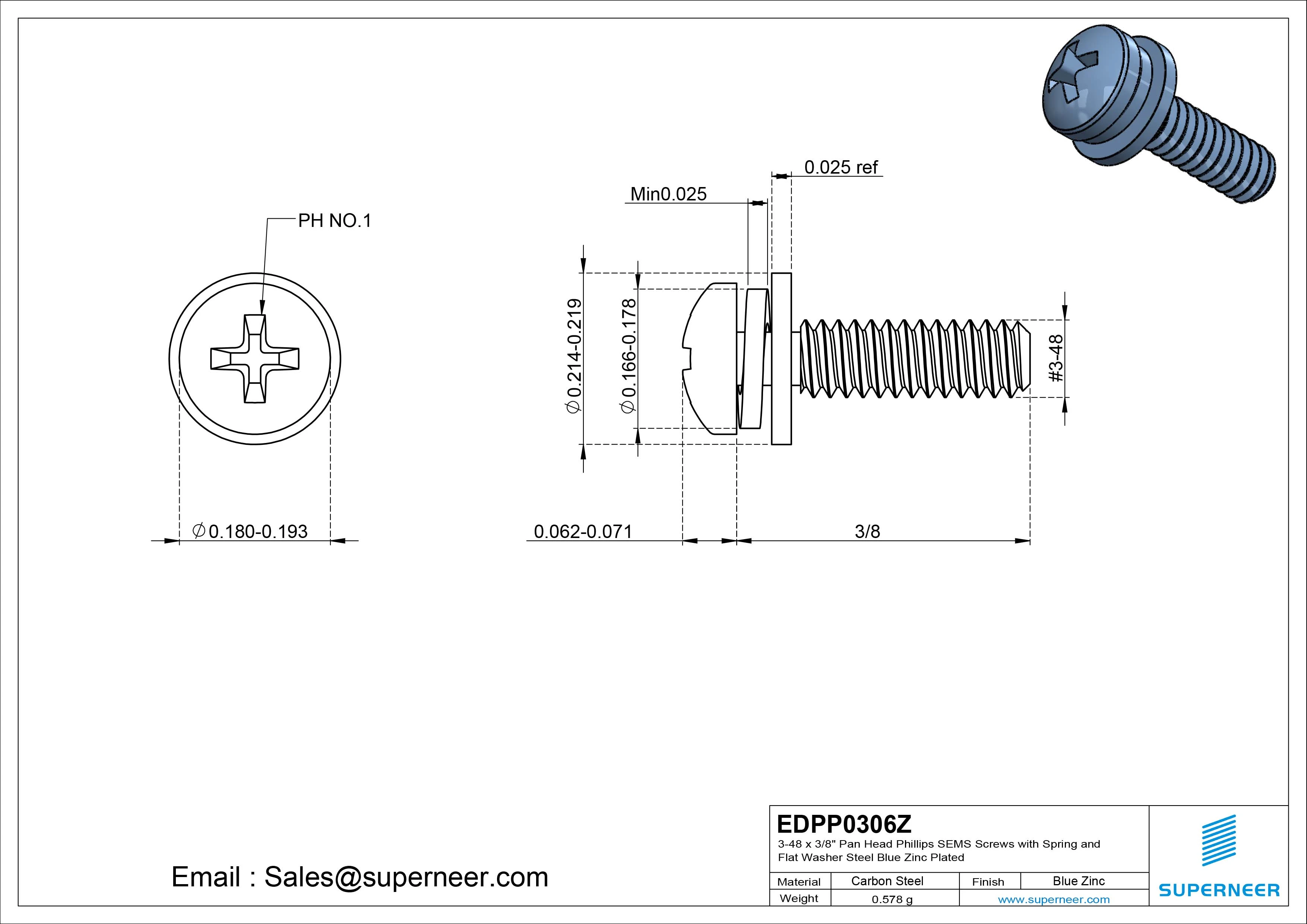 3-48 x 3/8" Pan Head Phillips SEMS Screws with Spring and Flat Washer Steel Blue Zinc Plated