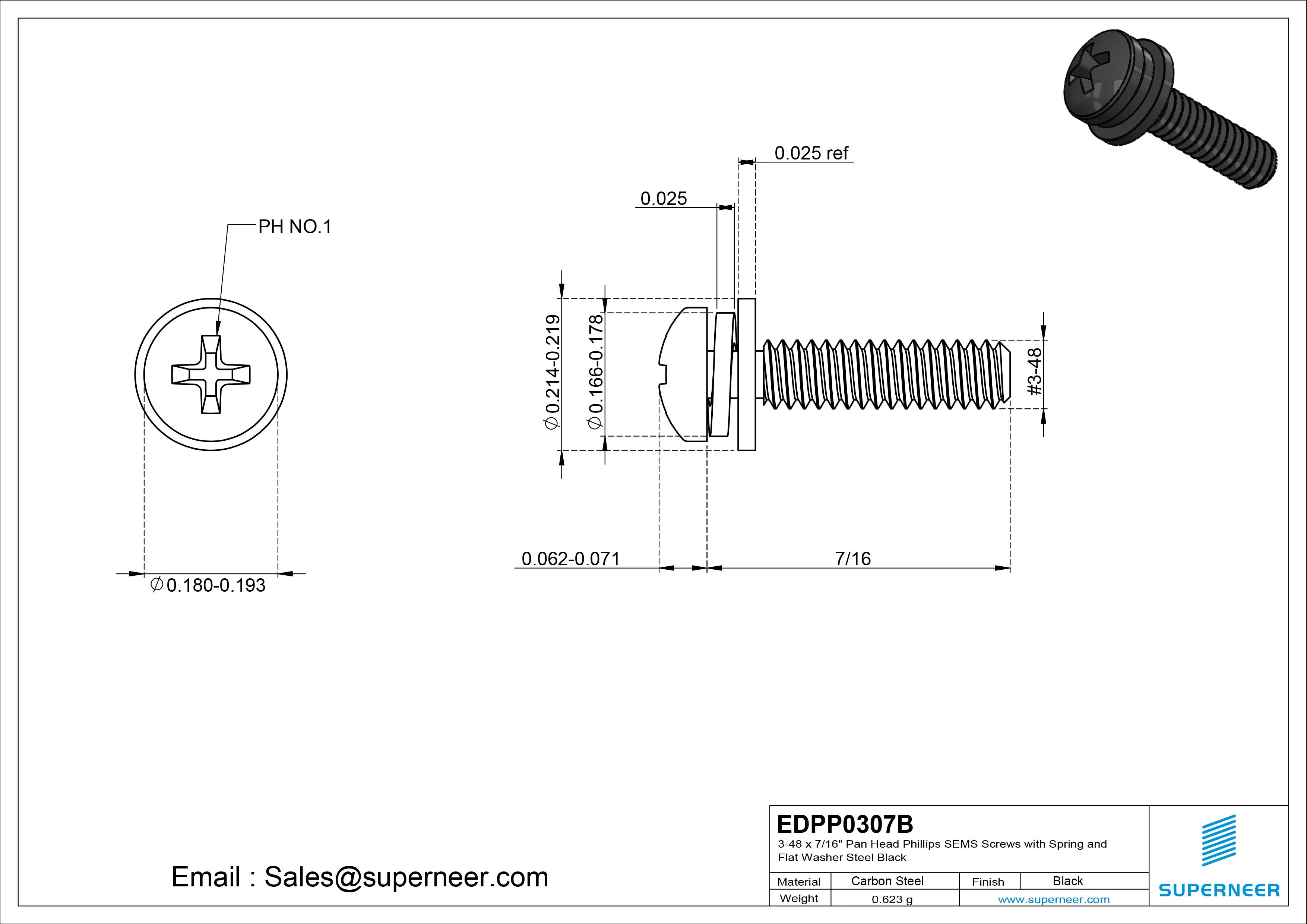 3-48 x 7/16" Pan Head Phillips SEMS Screws with Spring and Flat Washer Steel Black