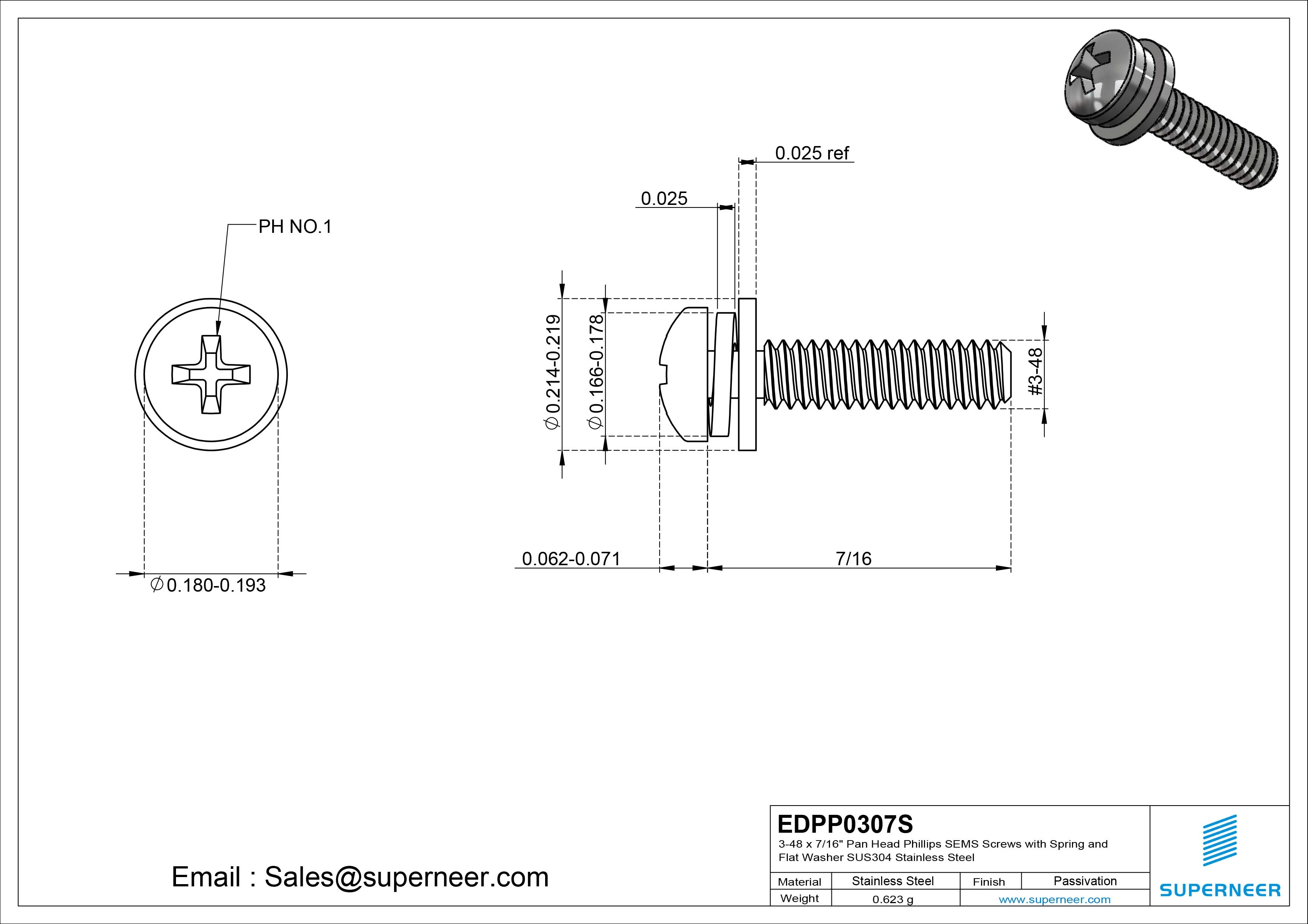 3-48 x 7/16" Pan Head Phillips SEMS Screws with Spring and Flat Washer SUS304 Stainless Steel Inox