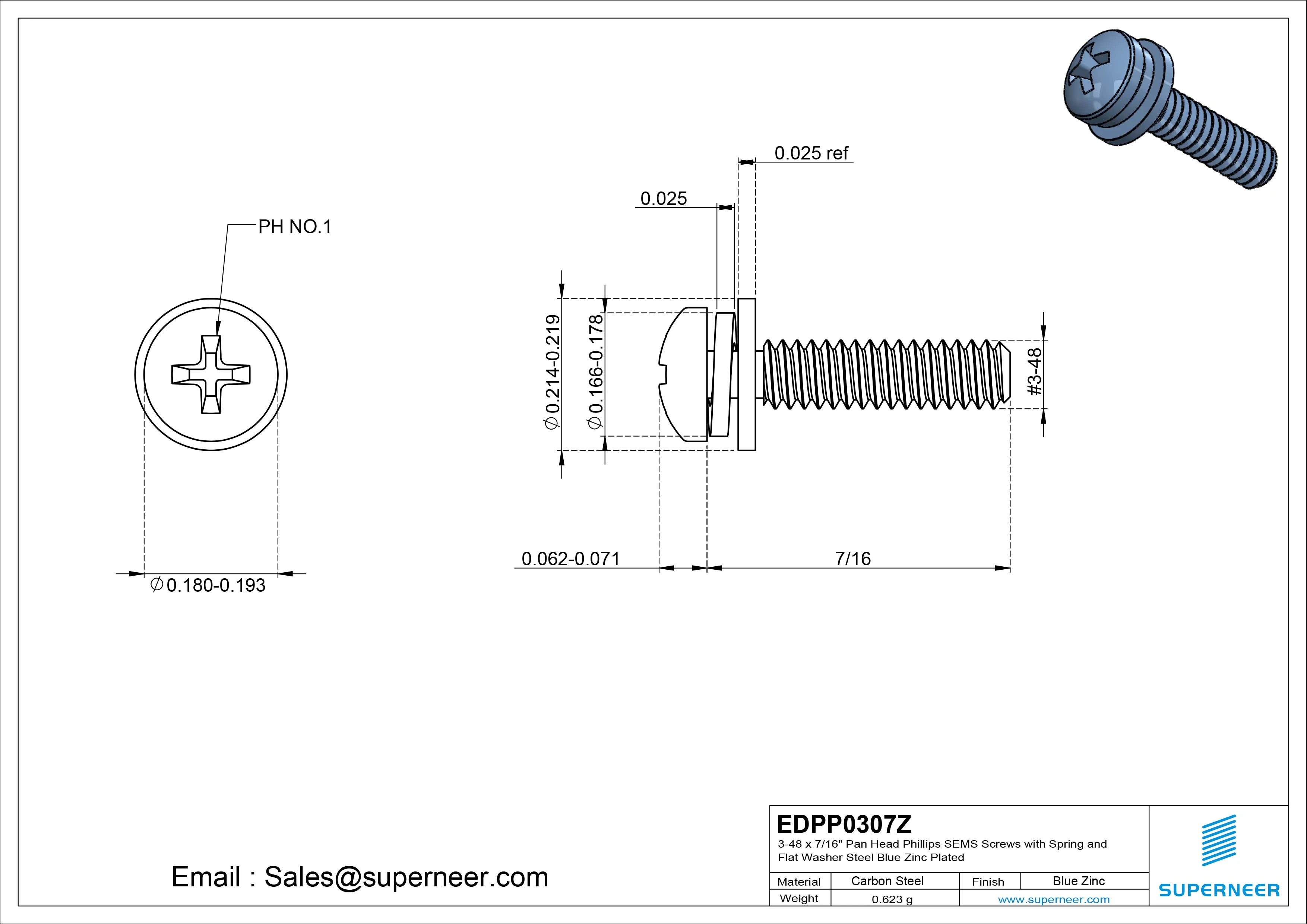 3-48 x 7/16" Pan Head Phillips SEMS Screws with Spring and Flat Washer Steel Blue Zinc Plated