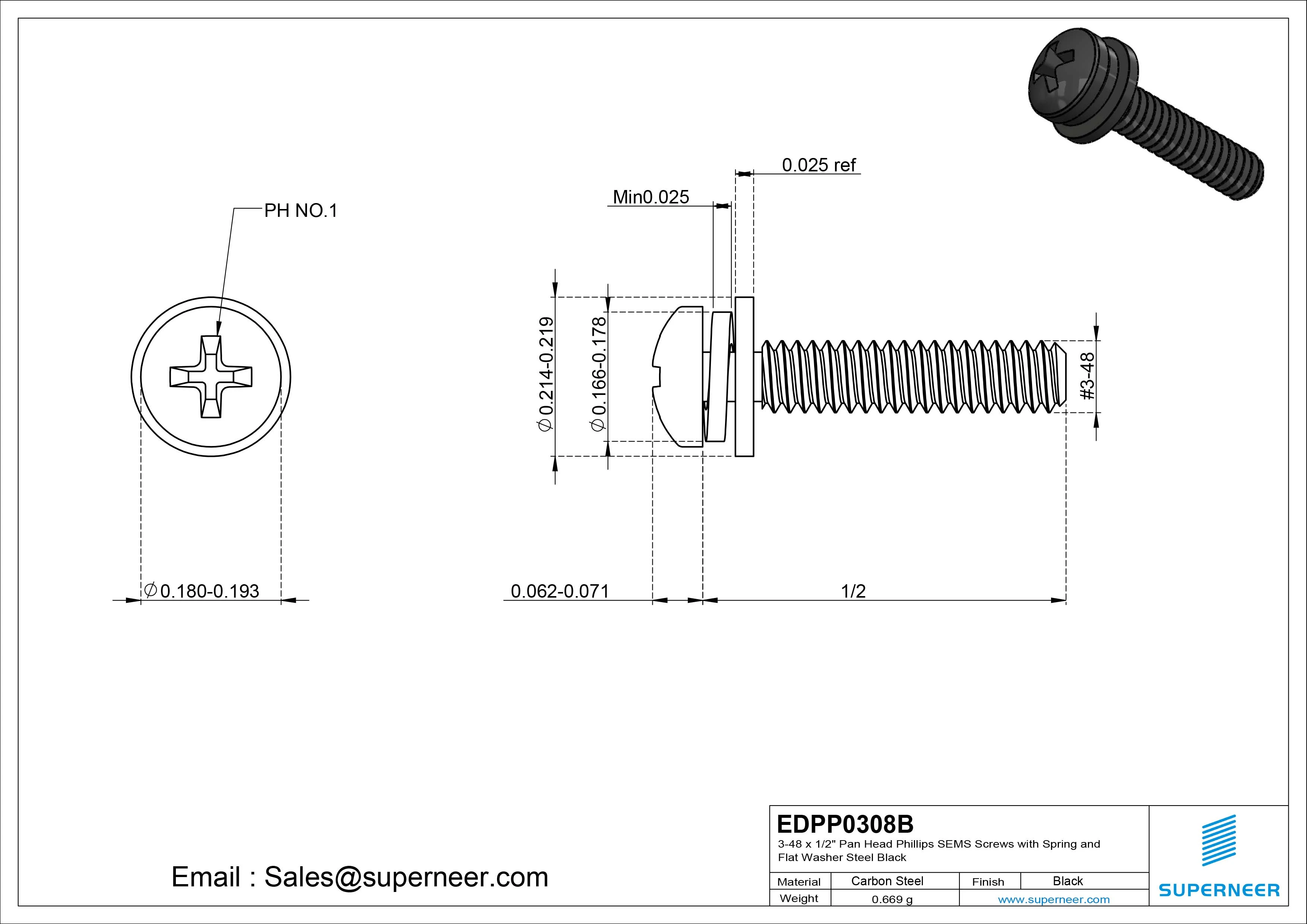 3-48 x 1/2" Pan Head Phillips SEMS Screws with Spring and Flat Washer Steel Black