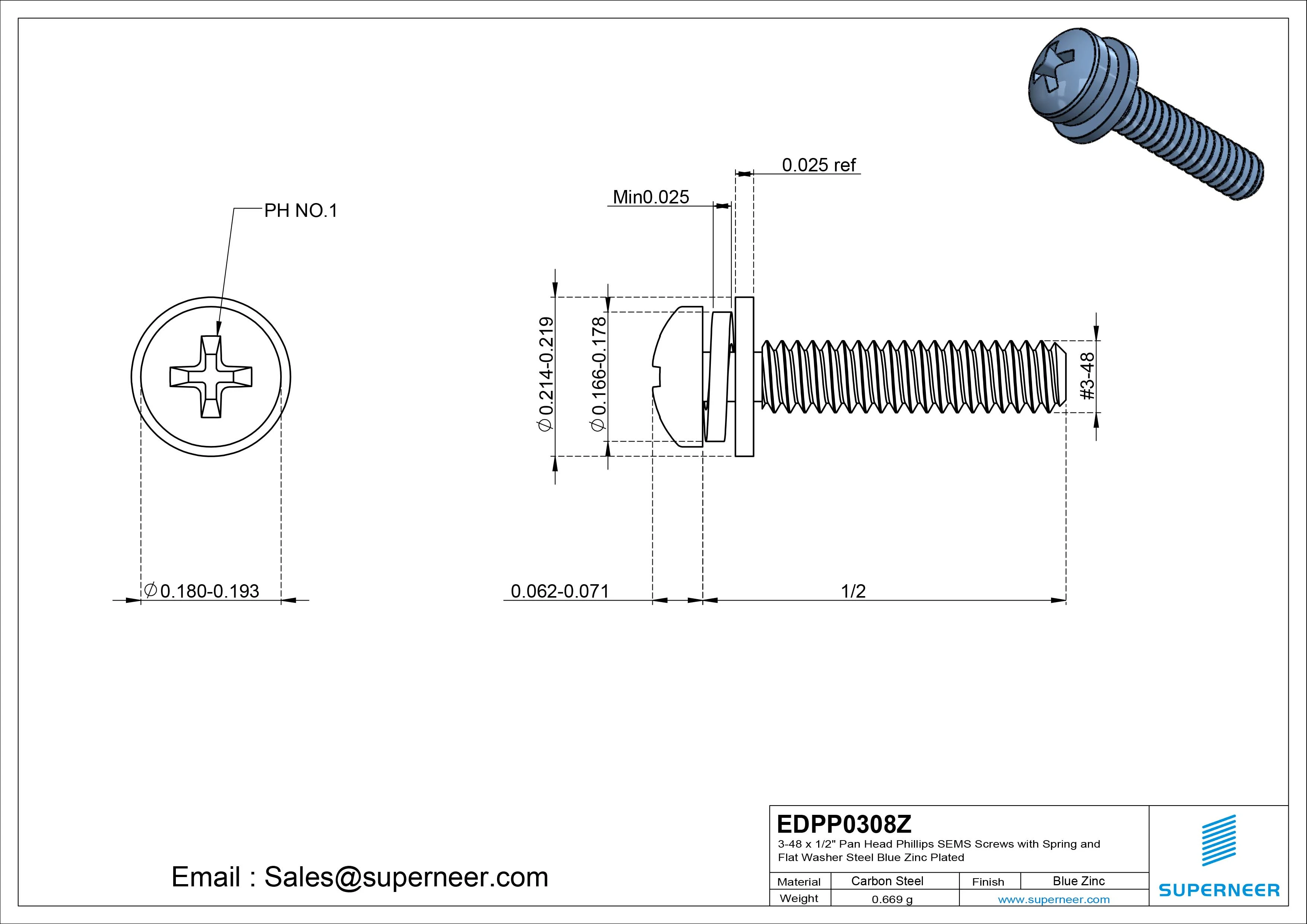 3-48 x 1/2" Pan Head Phillips SEMS Screws with Spring and Flat Washer Steel Blue Zinc Plated