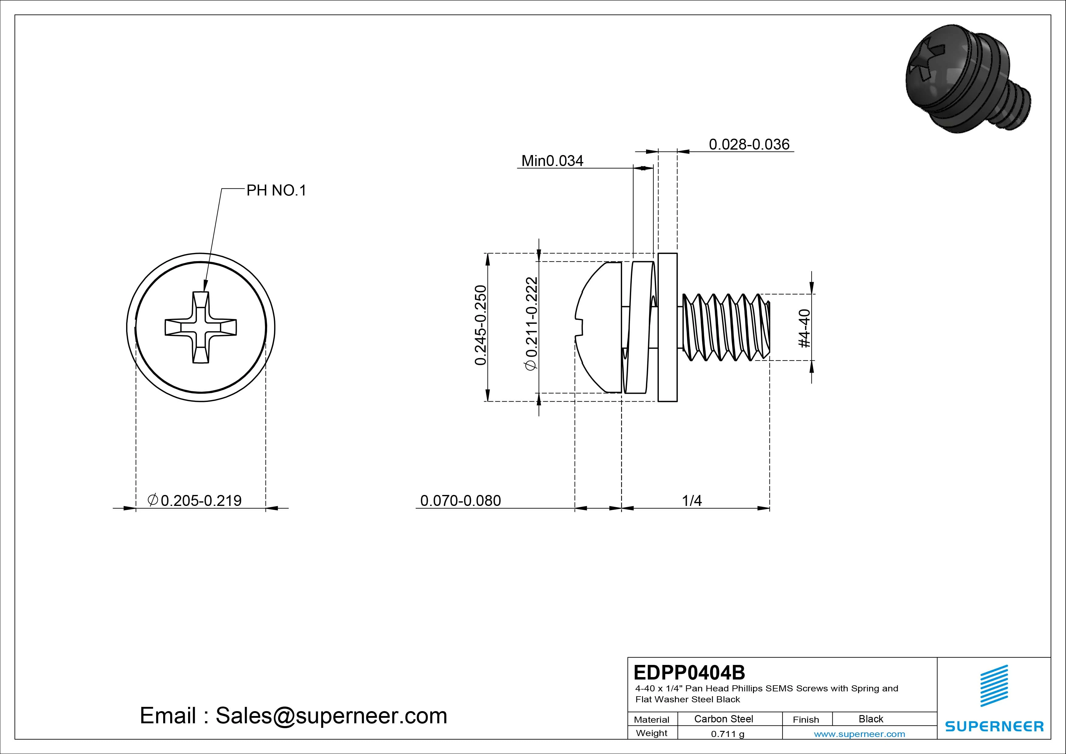4-40 x 1/4" Pan Head Phillips SEMS Screws with Spring and Flat Washer Steel Black