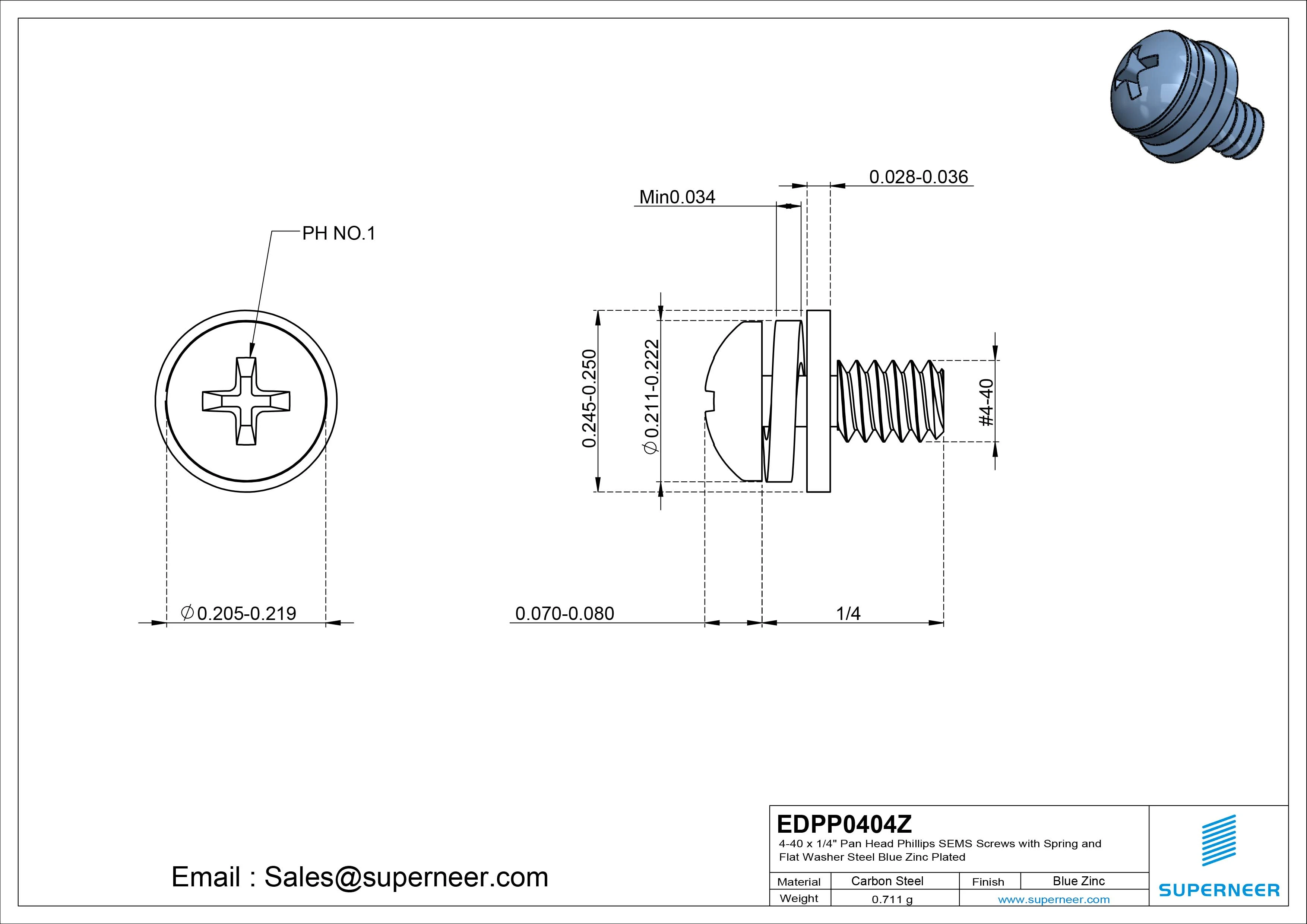 4-40 x 1/4" Pan Head Phillips SEMS Screws with Spring and Flat Washer Steel Blue Zinc Plated