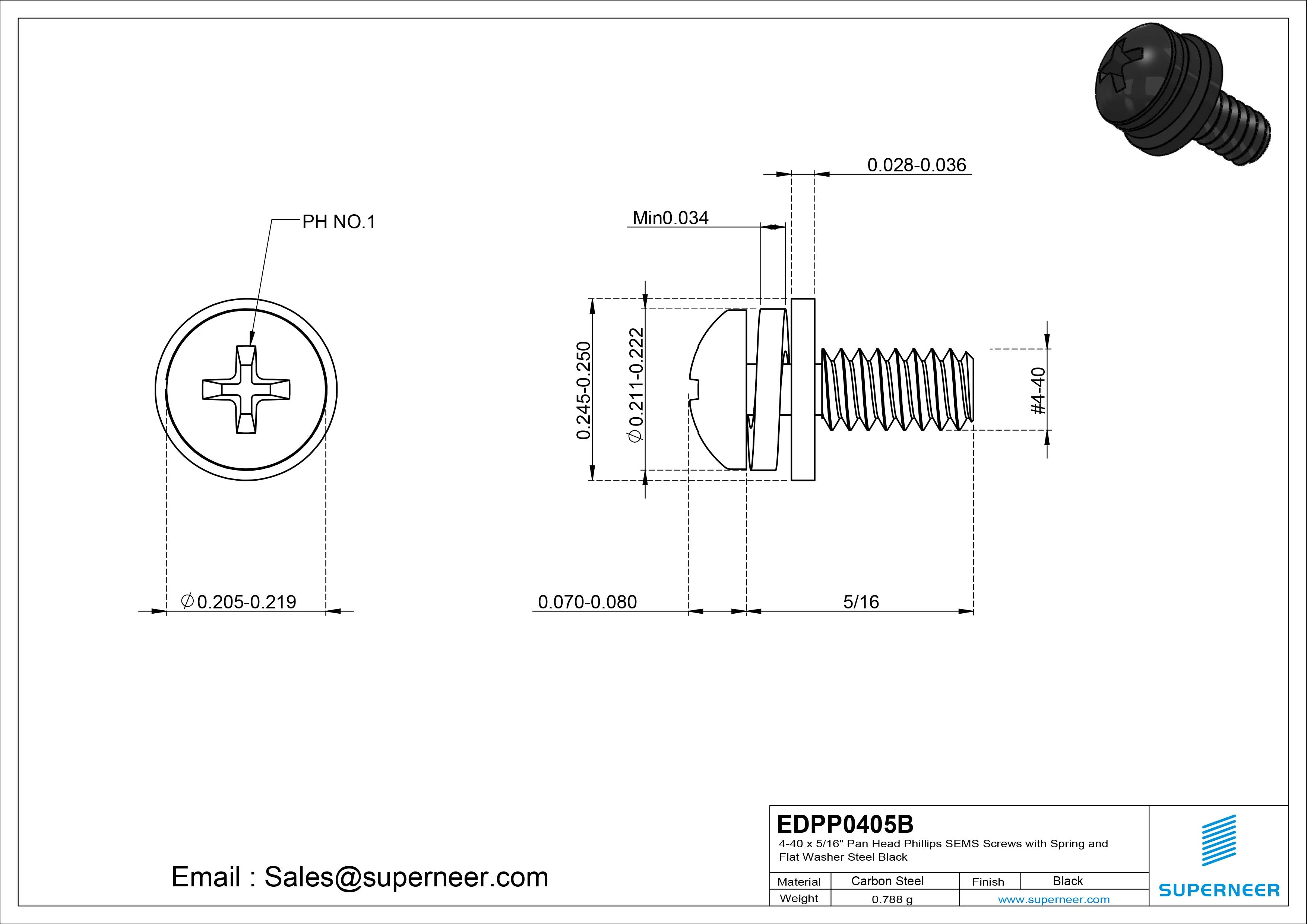 4-40 x 5/16" Pan Head Phillips SEMS Screws with Spring and Flat Washer Steel Black