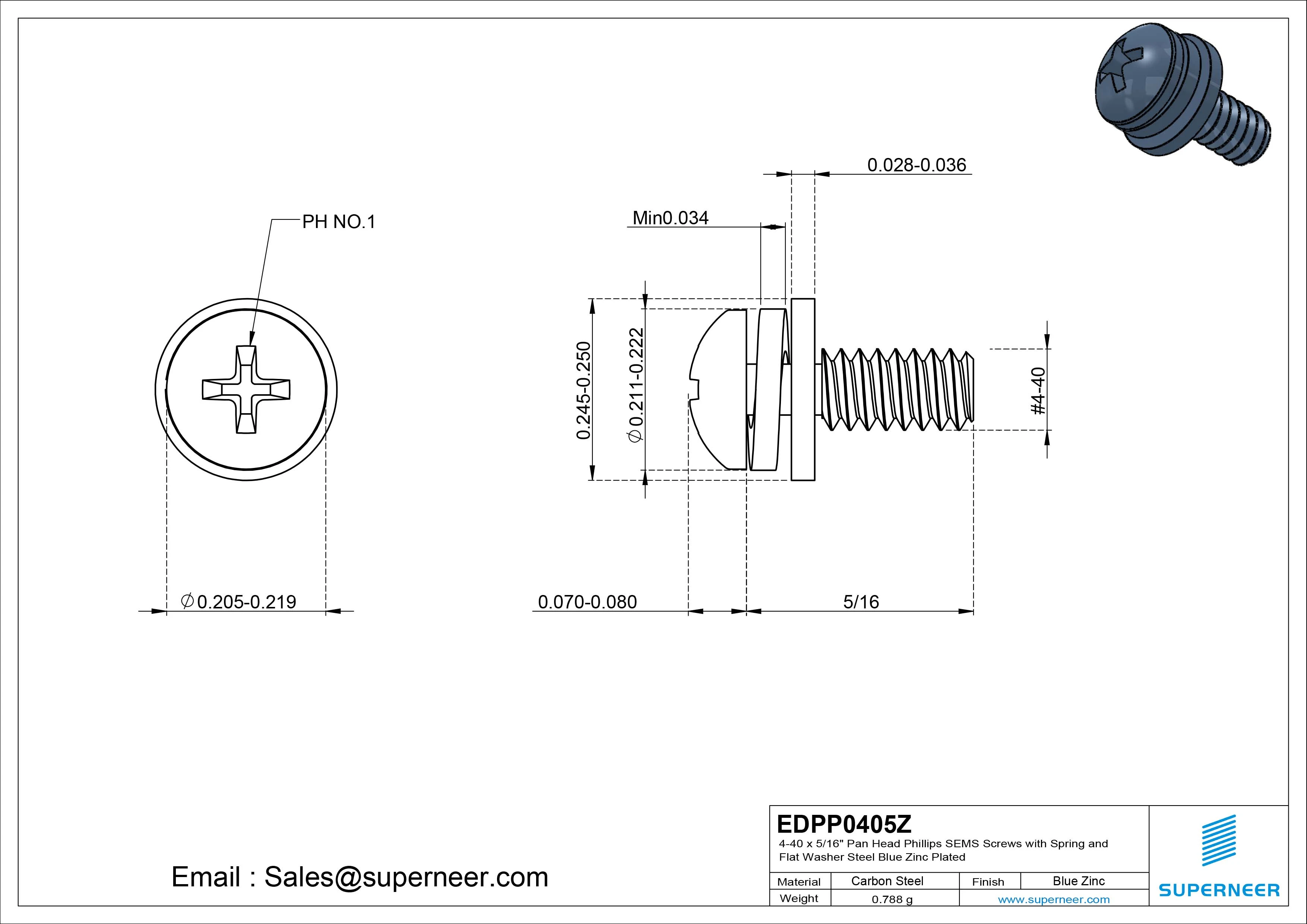 4-40 x 5/16" Pan Head Phillips SEMS Screws with Spring and Flat Washer Steel Blue Zinc Plated
