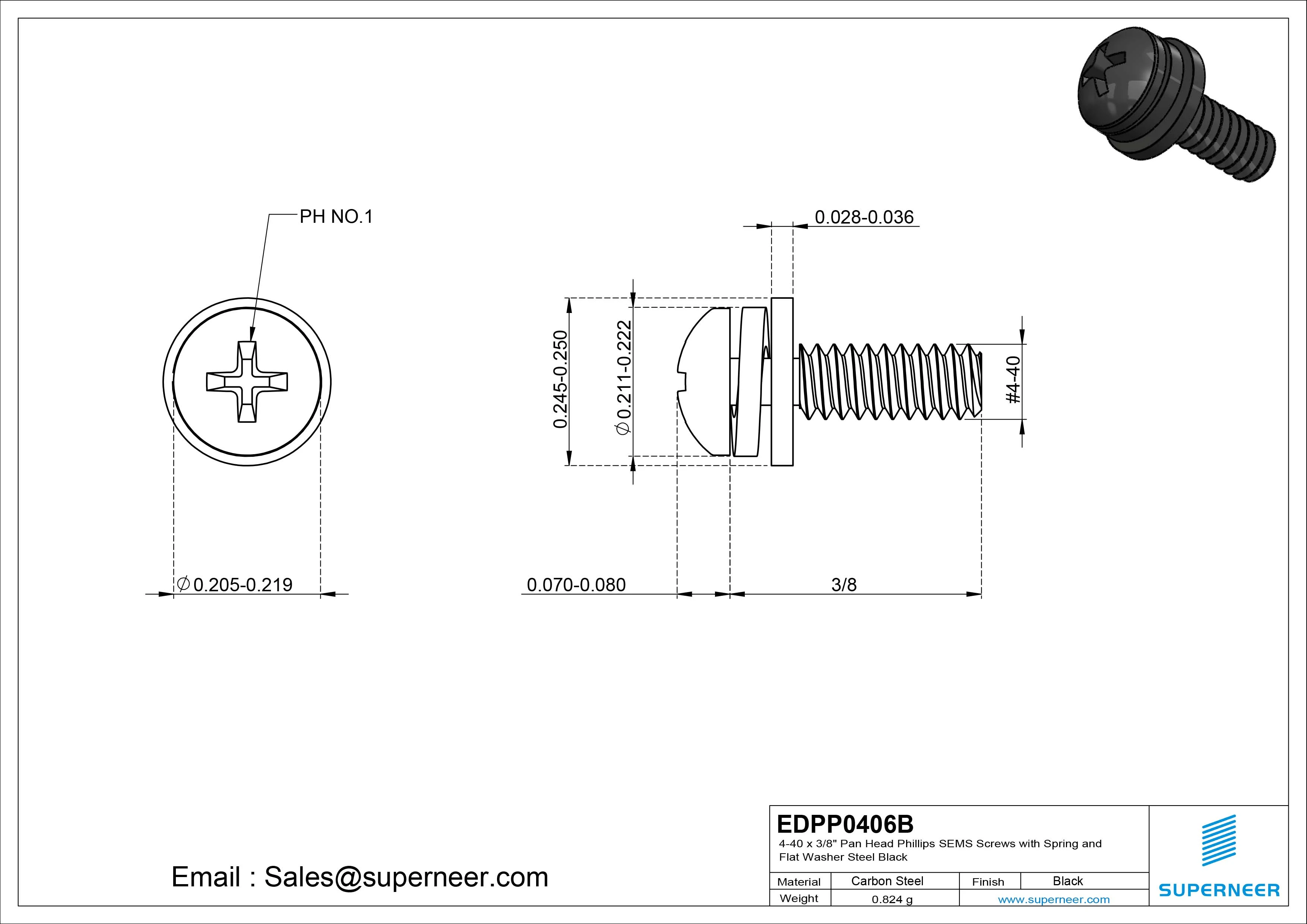 4-40 x 3/8" Pan Head Phillips SEMS Screws with Spring and Flat Washer Steel Black
