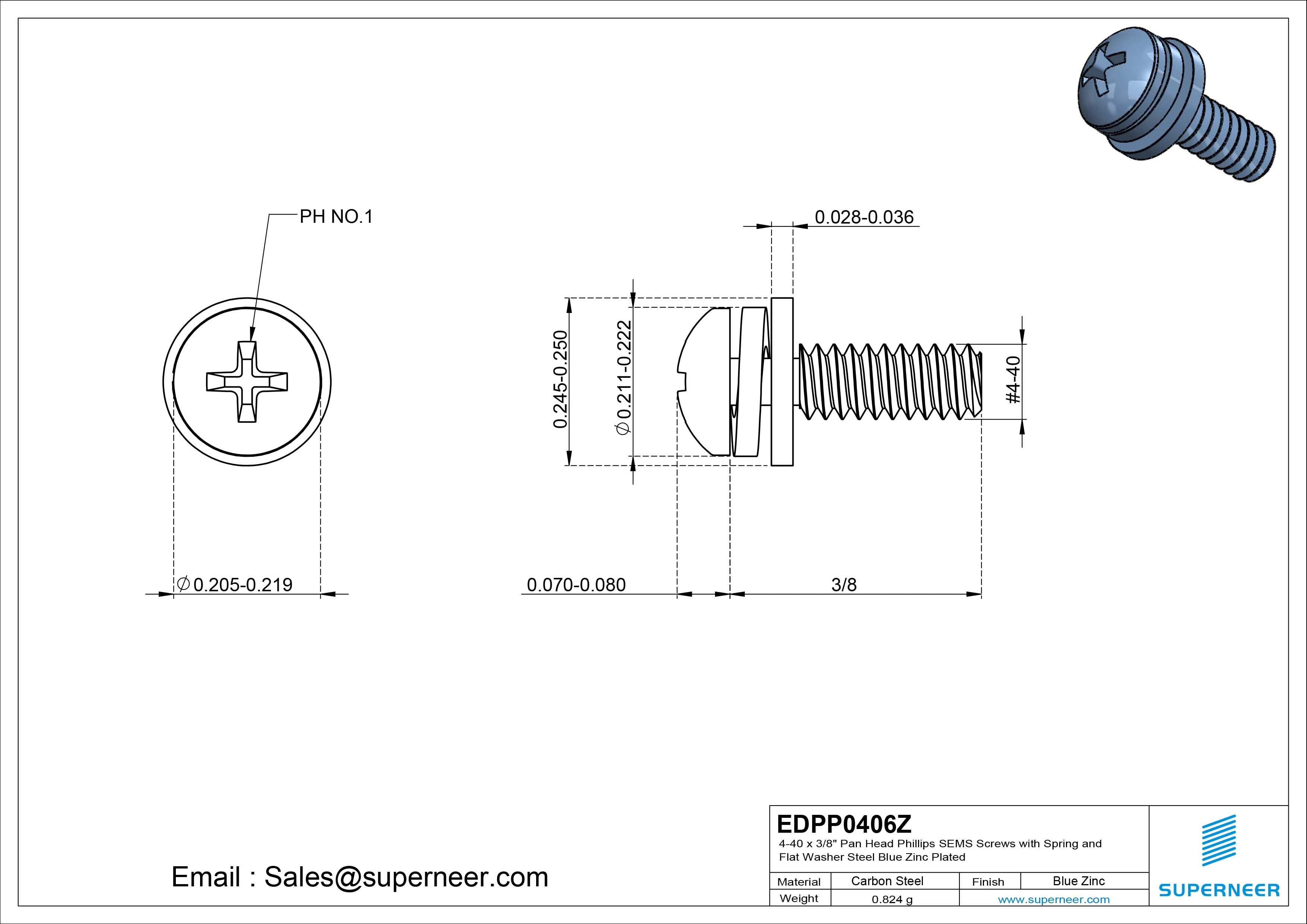 4-40 x 3/8" Pan Head Phillips SEMS Screws with Spring and Flat Washer Steel Blue Zinc Plated