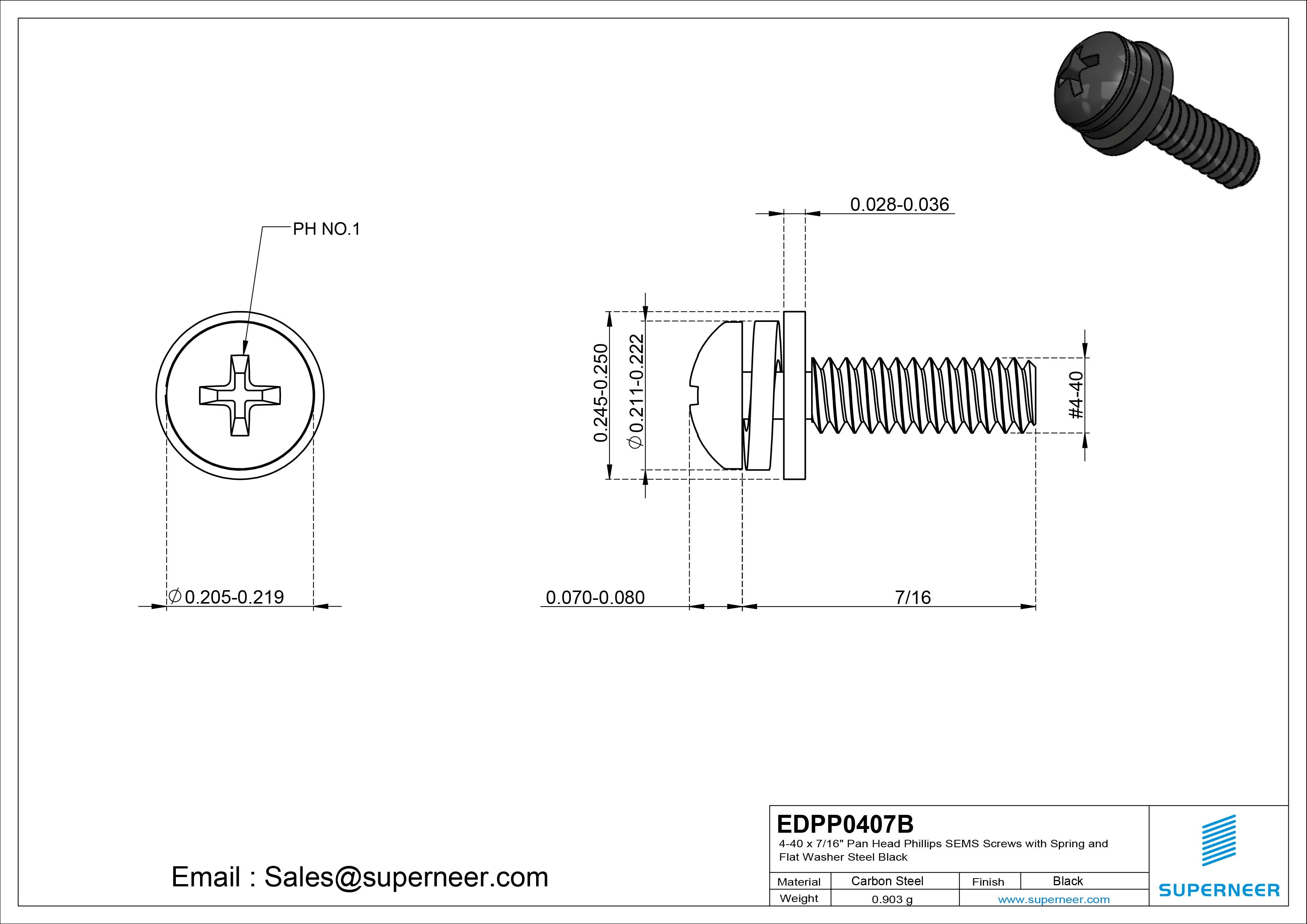 4-40 x 7/16" Pan Head Phillips SEMS Screws with Spring and Flat Washer Steel Black