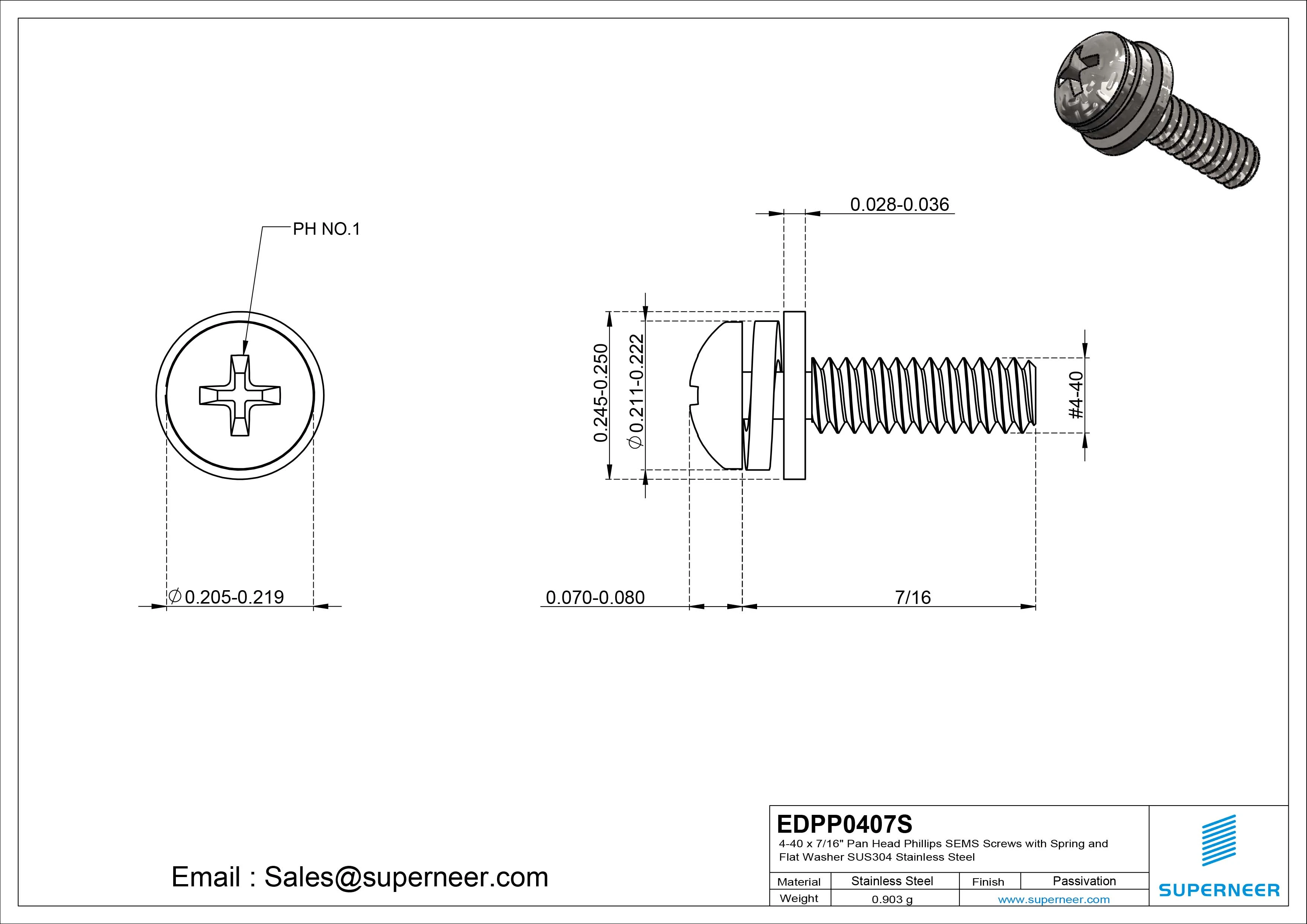 4-40 x 7/16" Pan Head Phillips SEMS Screws with Spring and Flat Washer SUS304 Stainless Steel Inox