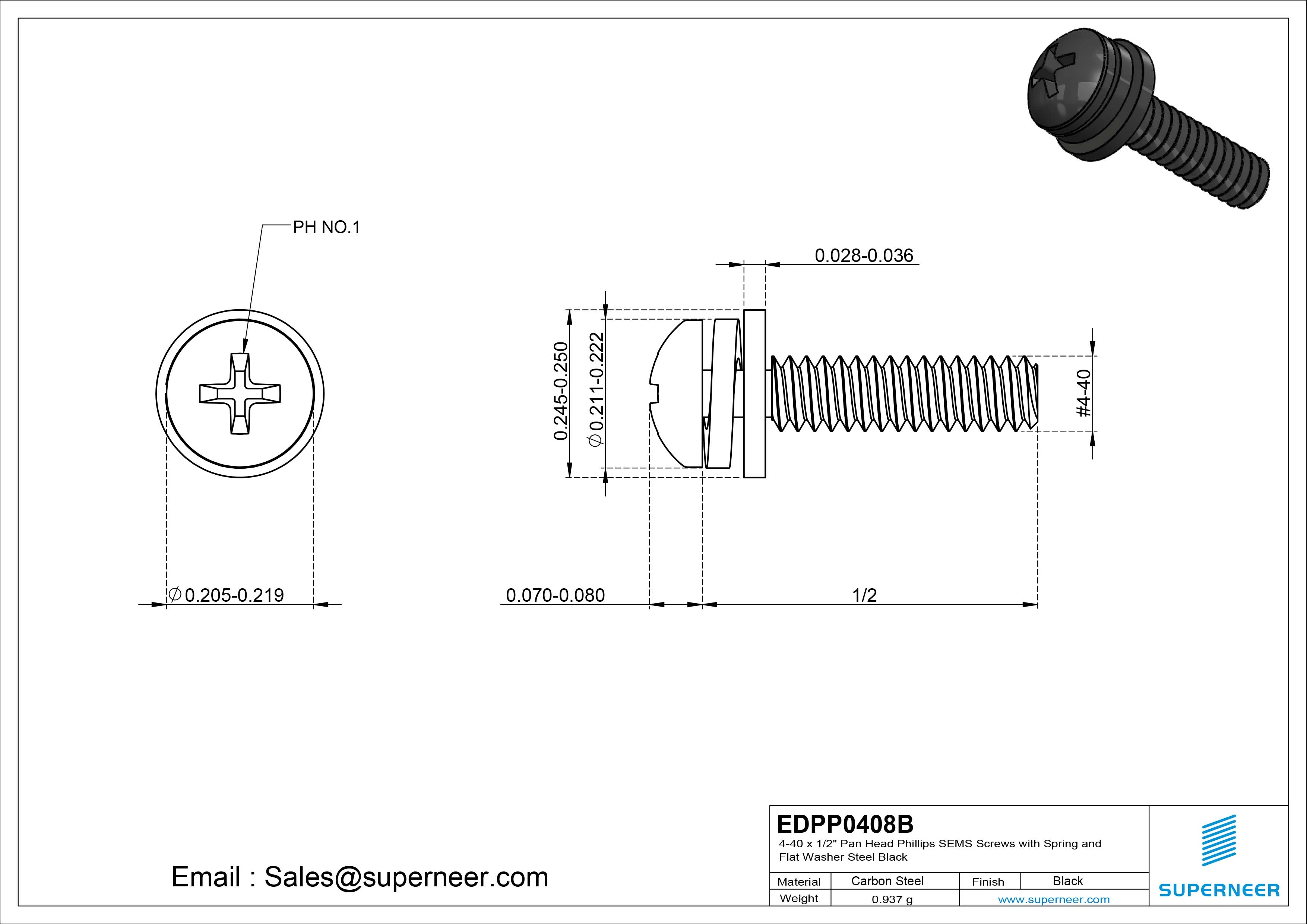 4-40 x 1/2" Pan Head Phillips SEMS Screws with Spring and Flat Washer Steel Black