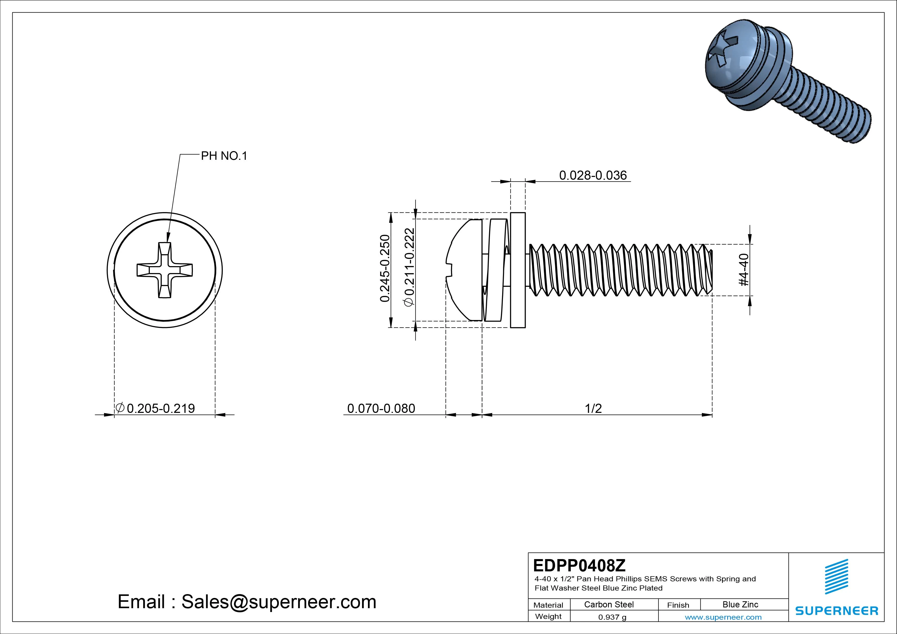 4-40 x 1/2" Pan Head Phillips SEMS Screws with Spring and Flat Washer Steel Blue Zinc Plated