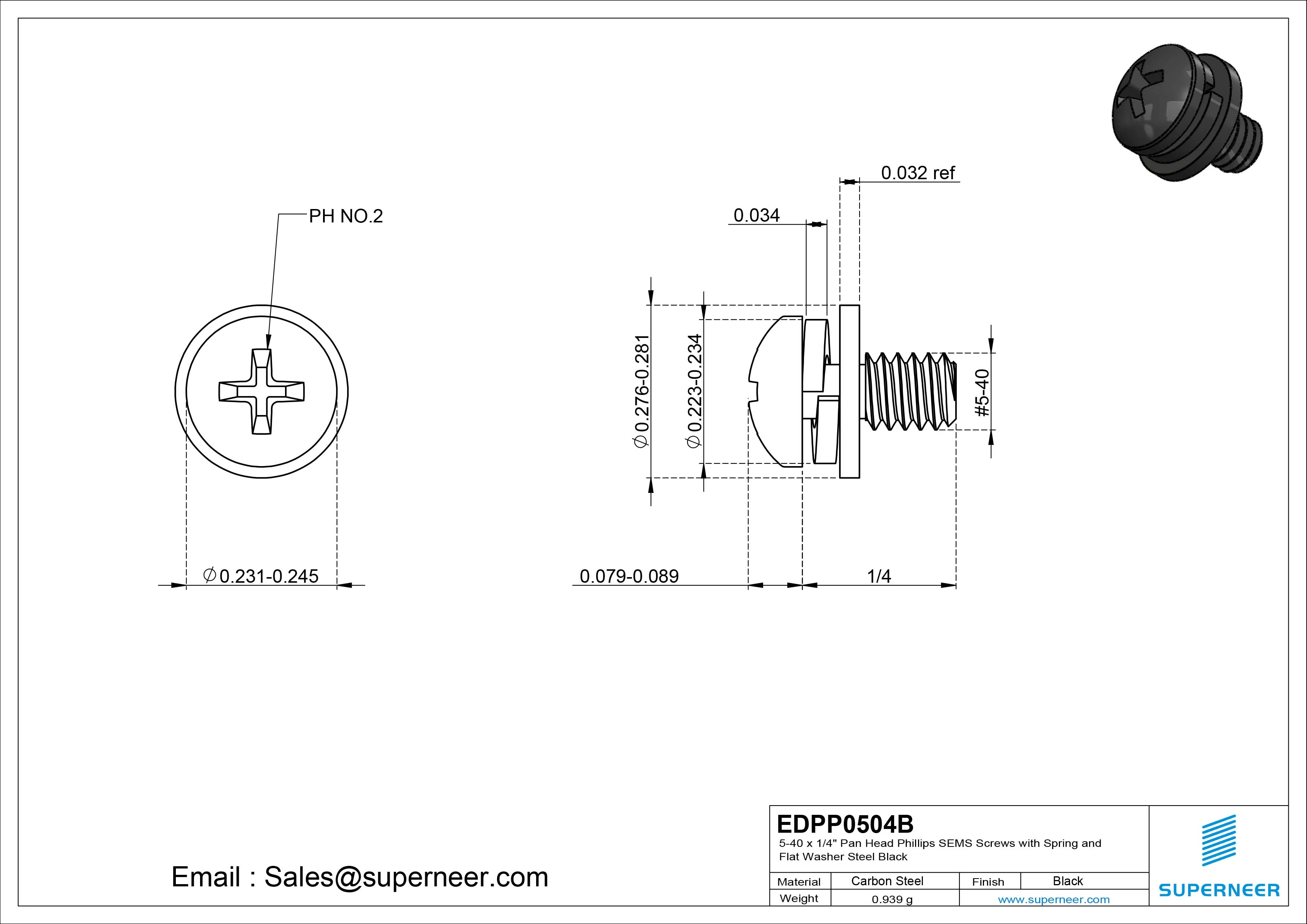 5-40 x 1/4" Pan Head Phillips SEMS Screws with Spring and Flat Washer Steel Black
