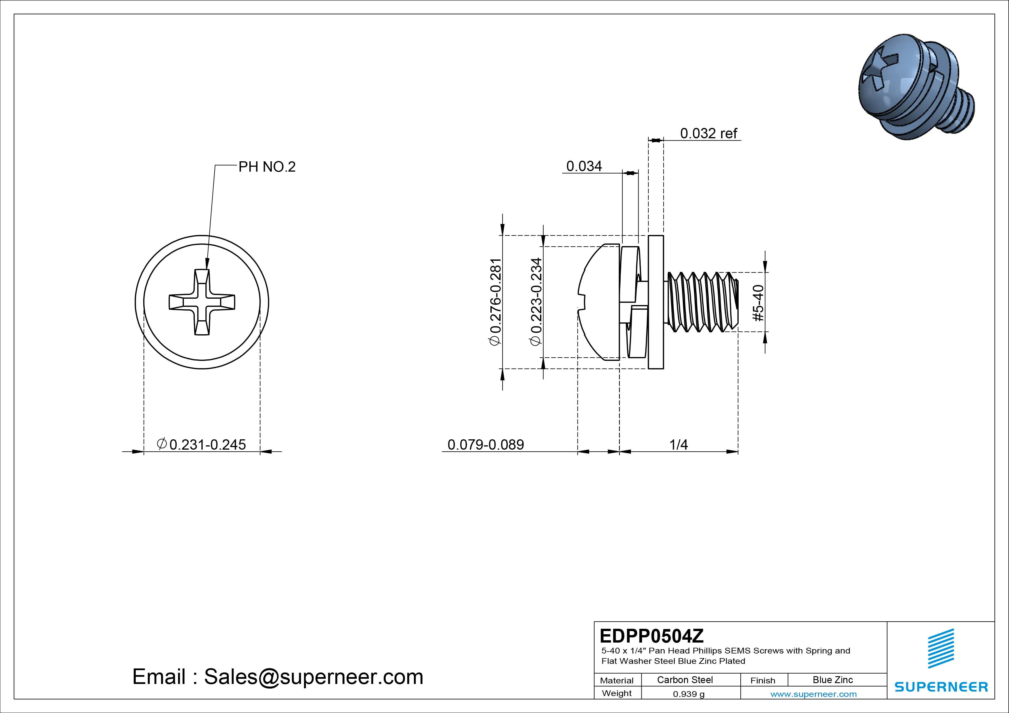 5-40 x 1/4" Pan Head Phillips SEMS Screws with Spring and Flat Washer Steel Blue Zinc Plated