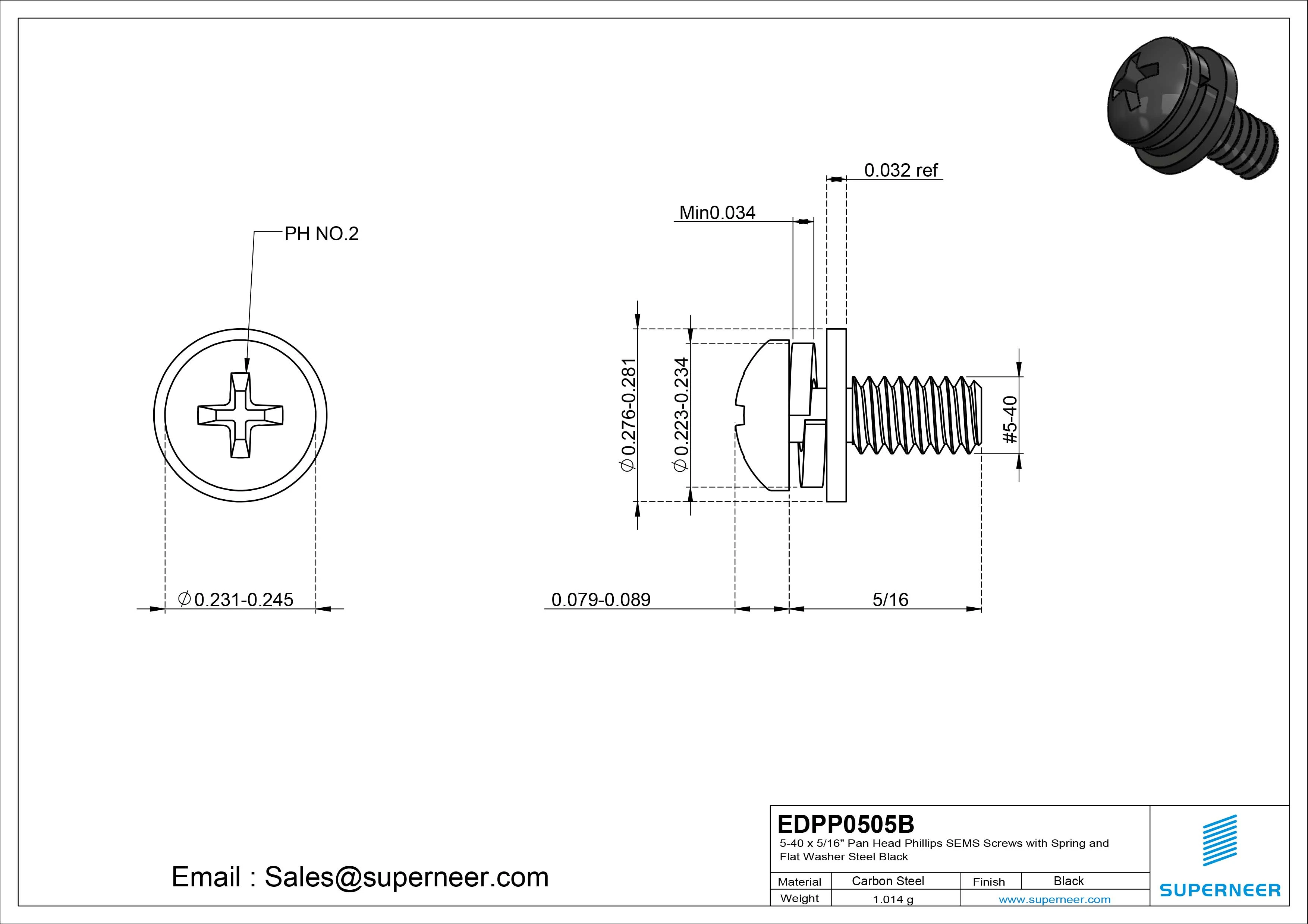 5-40 x 5/16" Pan Head Phillips SEMS Screws with Spring and Flat Washer Steel Black