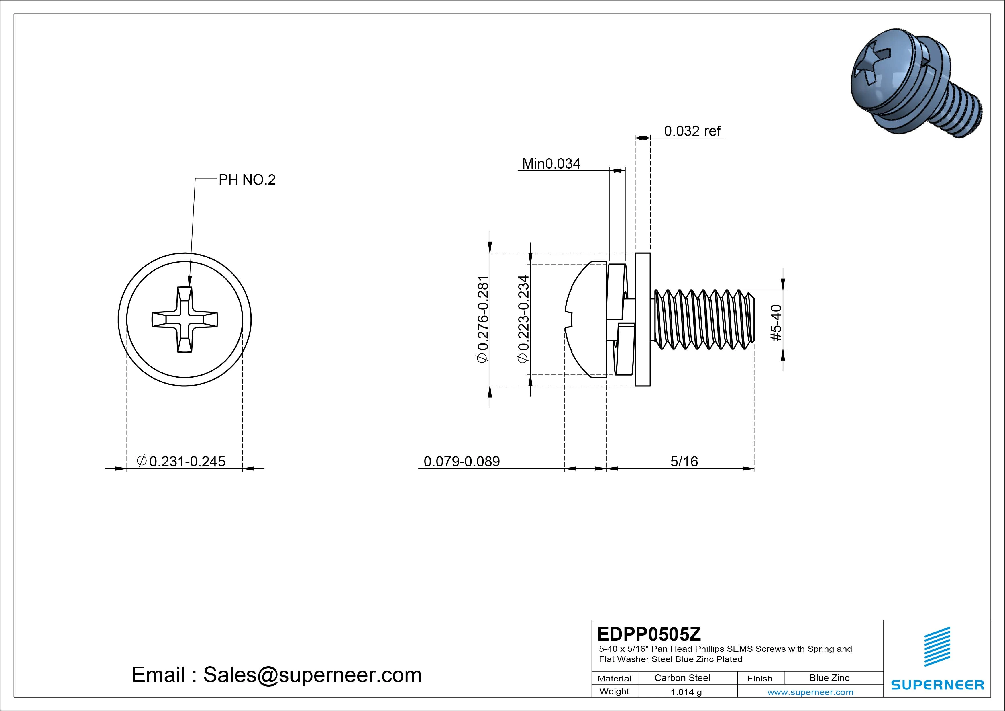 5-40 x 5/16" Pan Head Phillips SEMS Screws with Spring and Flat Washer Steel Blue Zinc Plated