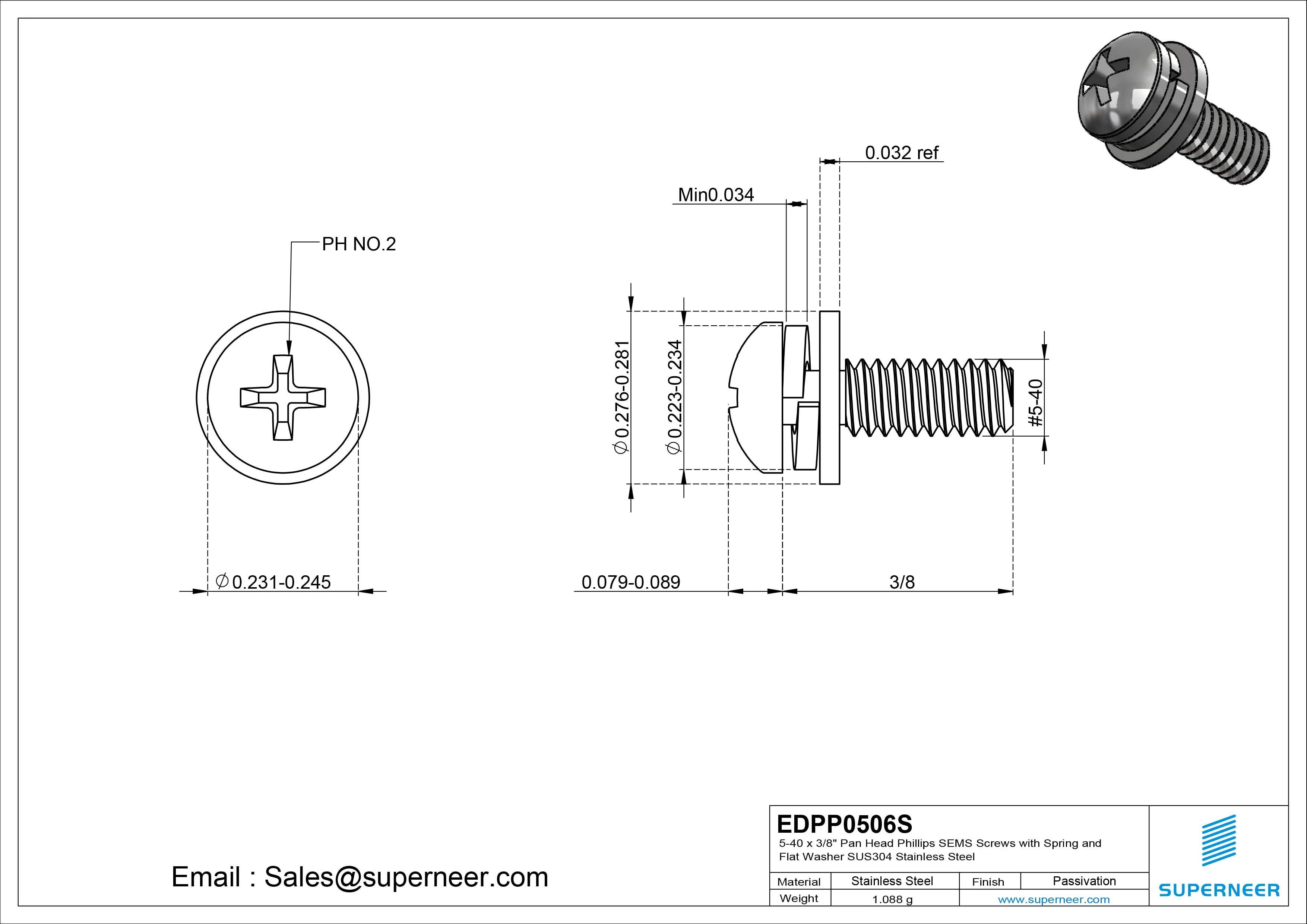 5-40 x 3/8" Pan Head Phillips SEMS Screws with Spring and Flat Washer SUS304 Stainless Steel Inox