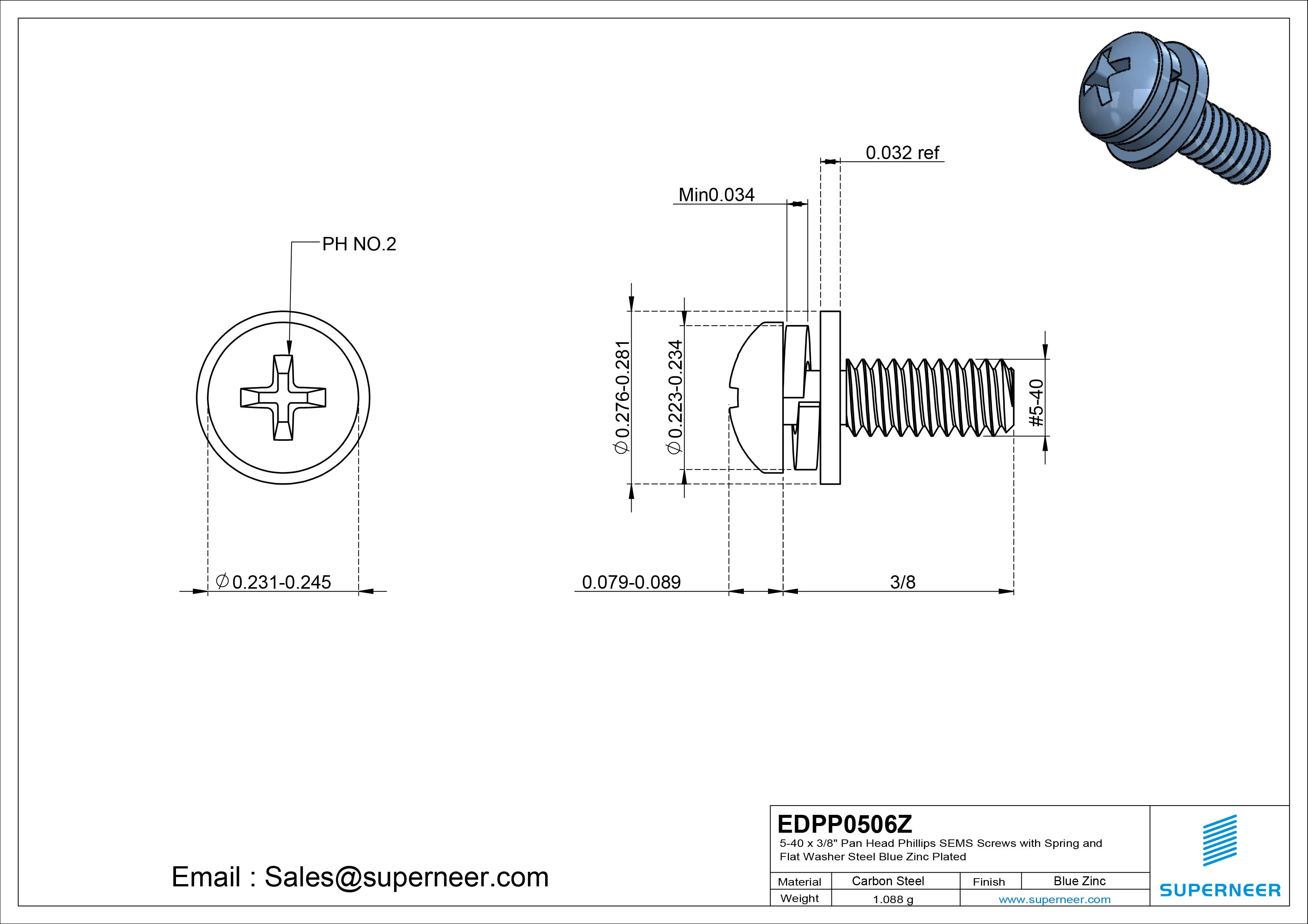 5-40 x 3/8" Pan Head Phillips SEMS Screws with Spring and Flat Washer Steel Blue Zinc Plated