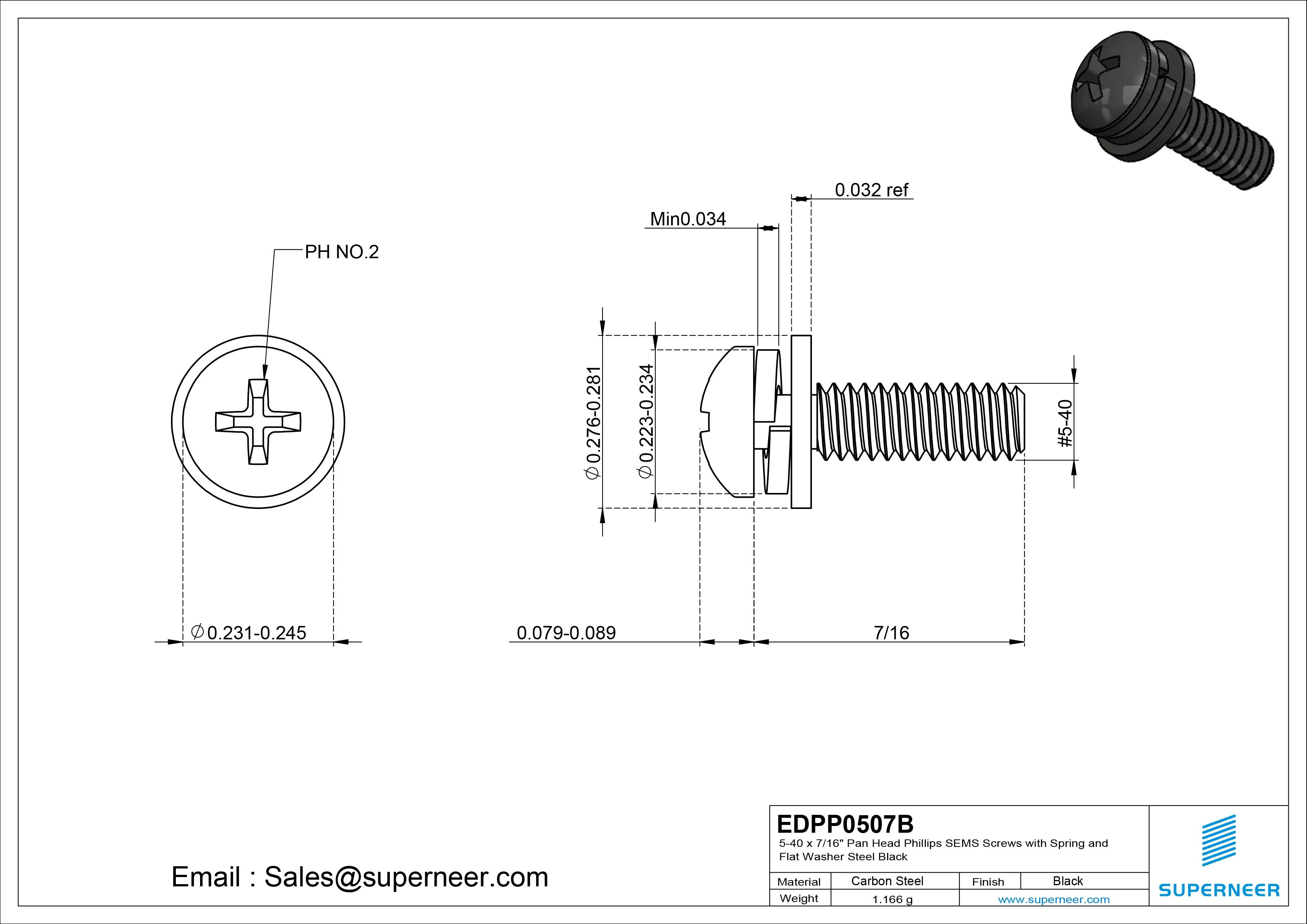 5-40 x 7/16" Pan Head Phillips SEMS Screws with Spring and Flat Washer Steel Black